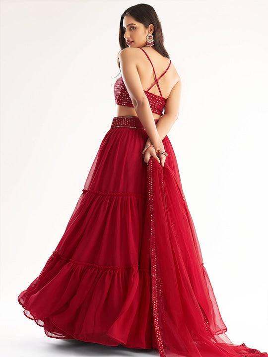 Red Georgette Embroidered Blouse with Plain Ruffle lehenga Sale Purchase