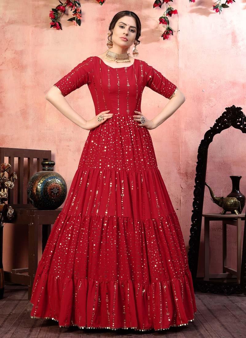 Gorgeous Red Color Georgette Fabric Fancy Sequins Work Gown Buy Cheap Extremely