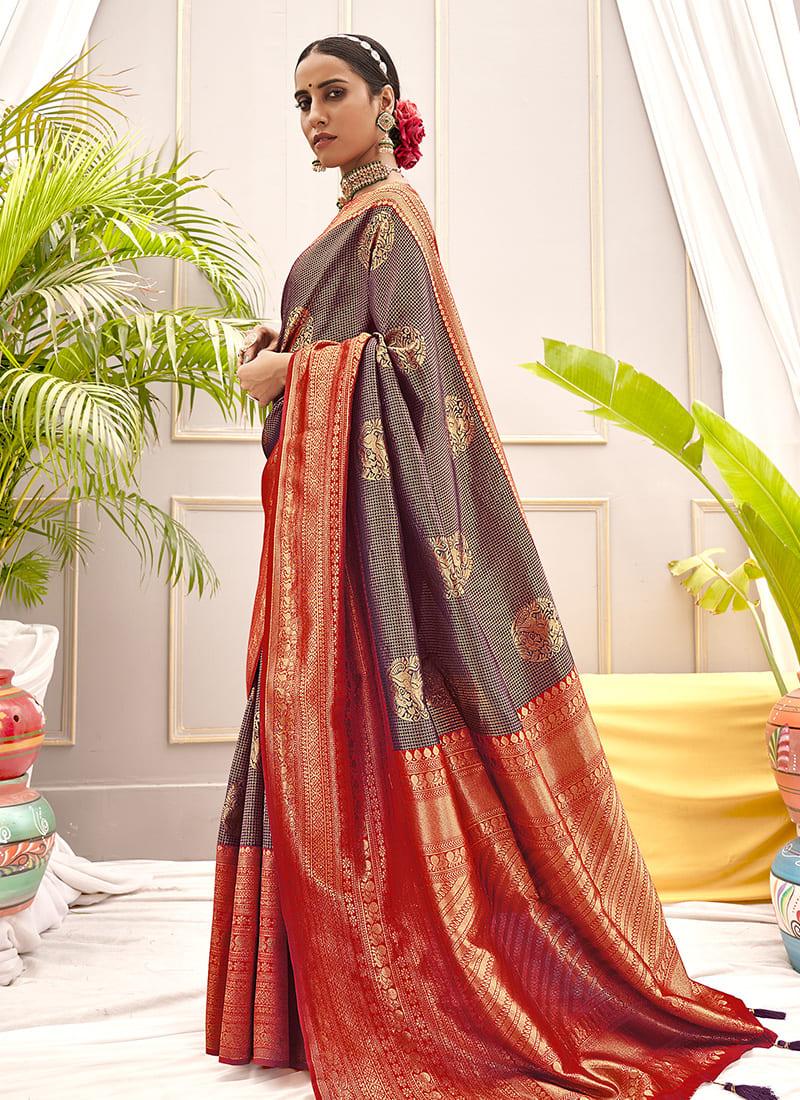 Wine Color Banarasi Silk Fabric Saree With Silk Weave Shop For Cheap Online