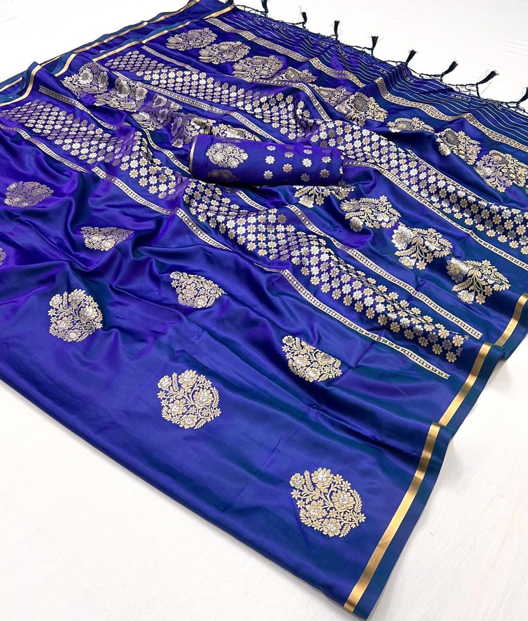 Denim Blue Designer Pure Satin Weaving Event Wear Silk Saree The Cheapest