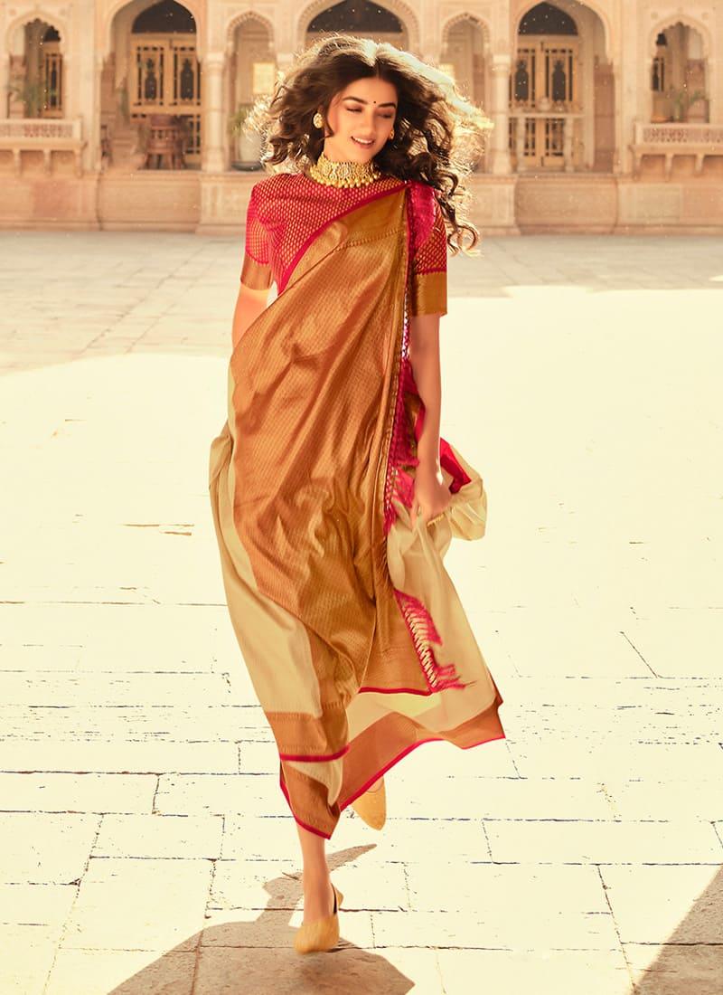 Authentic Beige Color Kanjiveram Soft Silk Saree With Silk Weave Geniue Stockist Cheap Pice