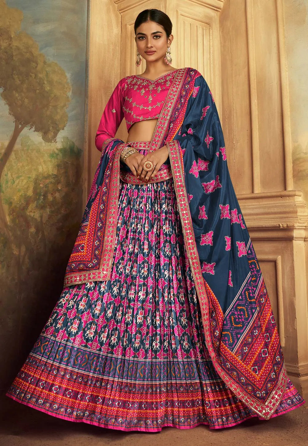 Vibrant Gaji Silk Pink-Navy Patola Printed Lehenga Choli Genuine Cheap Pice