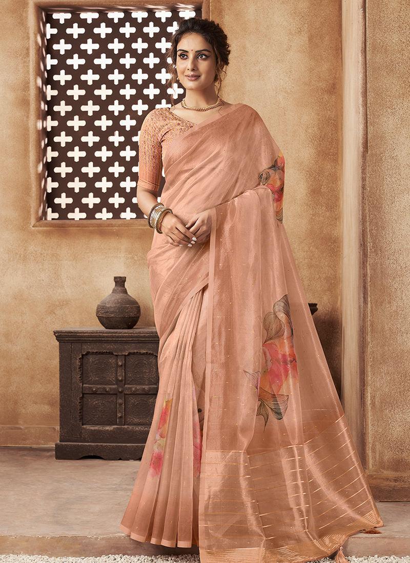 Organza Base Printed Peach Floral Saree Manchester