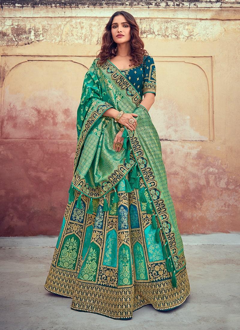 Green Color Jacquard Silk Fabric Silk Weave And Zari Work Lehenga Choli Best