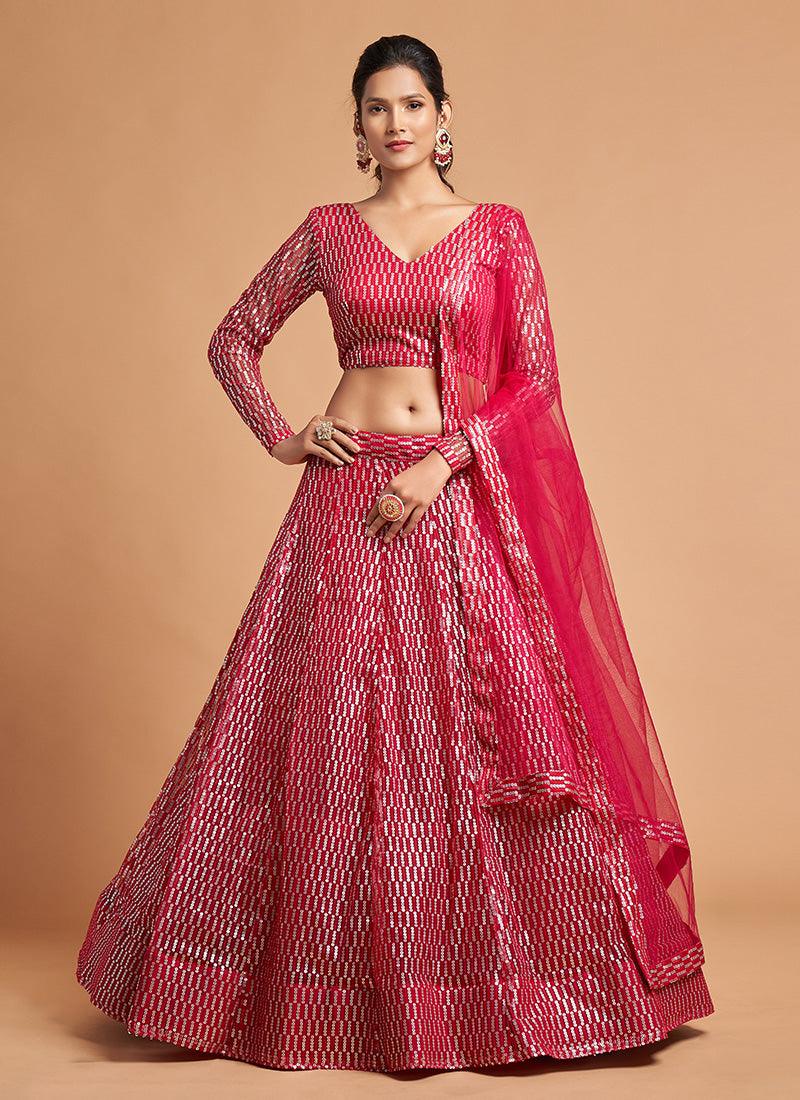 Hot Pink Color Fully Sequined Work Lehenga With V Neck Blouse Cheap Sale Lowest Pice