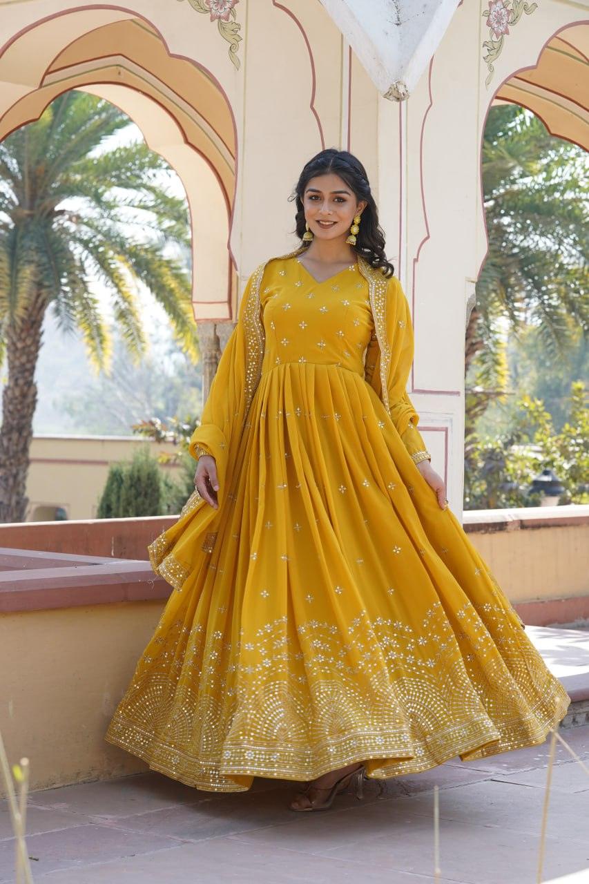 Amazing Faux Georgette Zari Sequins Worked Gown With Dupatta Brand New Unisex Cheap Online