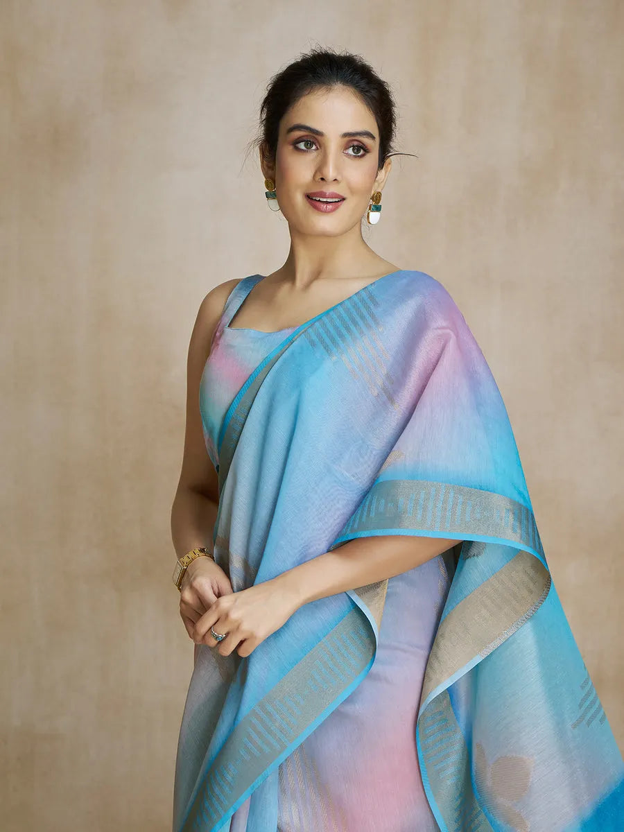 Splendiferous Sky Blue Silk Digital Printed Fancy Saree Brand New Unisex