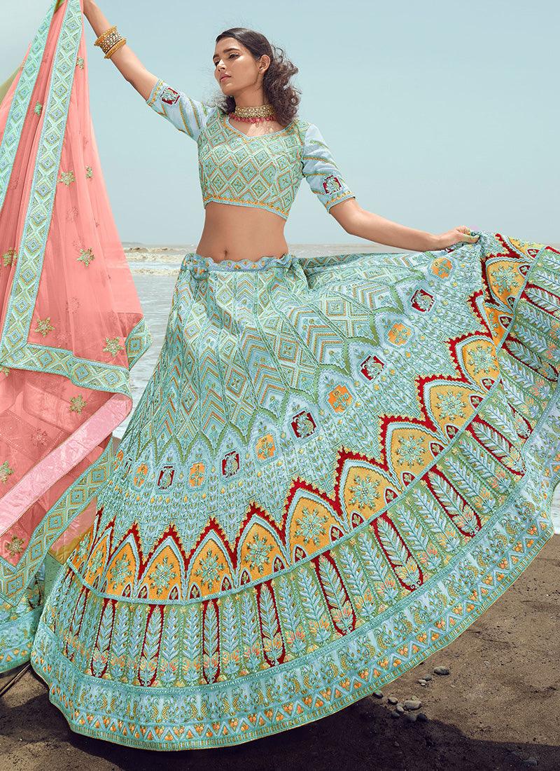 Turquoise Designer Georgette Lehenga Choli Outlet Purchase