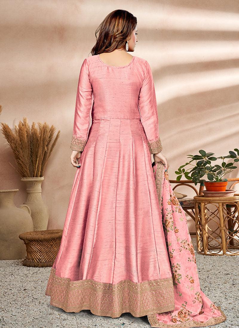 Embroidered Art Silk Fabric Pink Gown Free Shipping Outlet