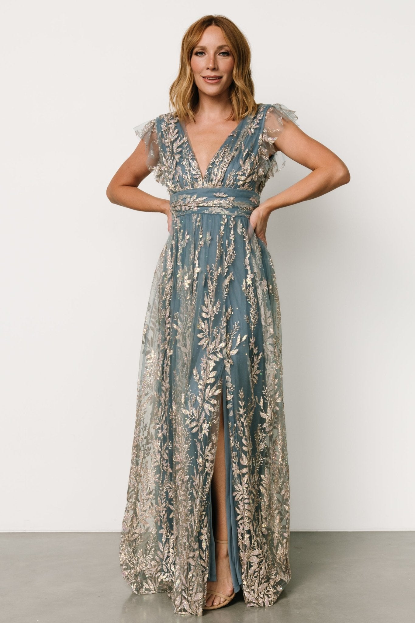 Karina Shimmer Gown | Blue + Rose Gold Clearance Pictures