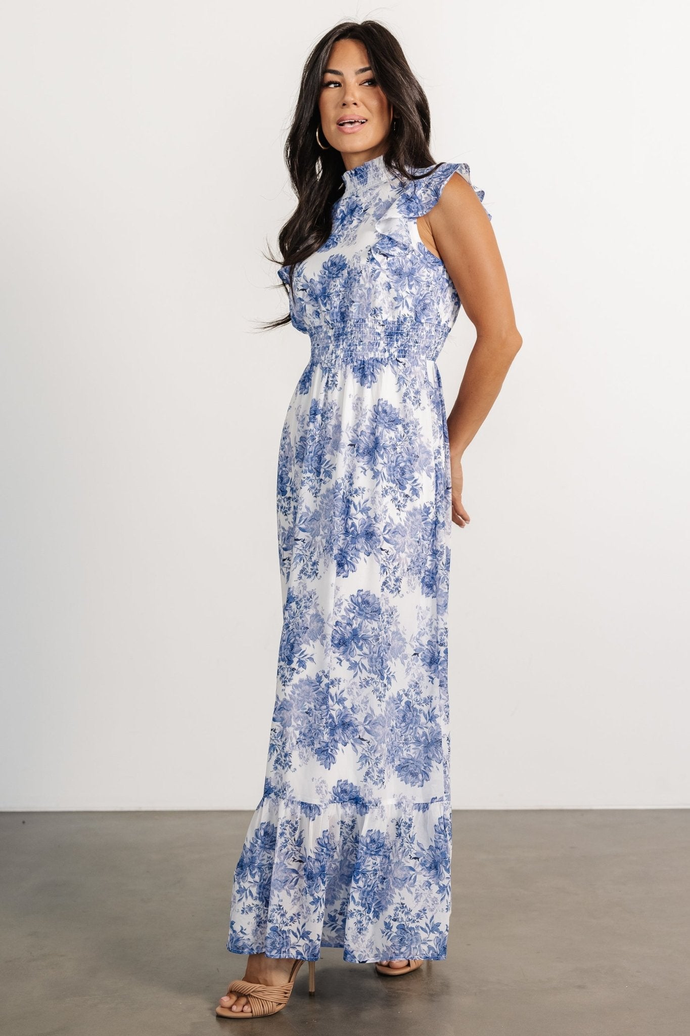 Kearny Ruffle Maxi Dress | White + Blue Floral Buy Cheap Footlocker Pictures