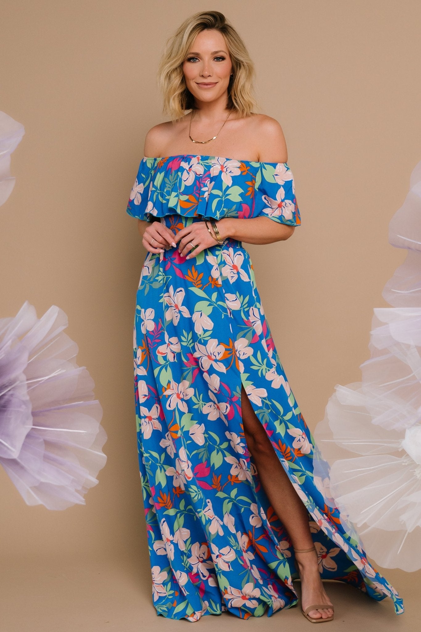 Talia Off Shoulder Maxi Dress | Blue Floral Clearance Newest