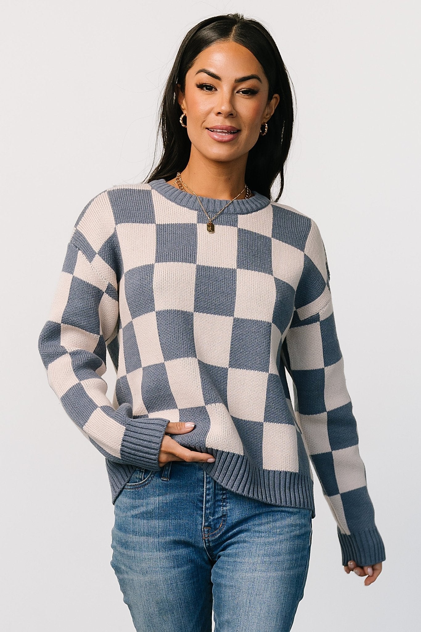 Quincy Checkered Sweater | Blue Clearance Explore