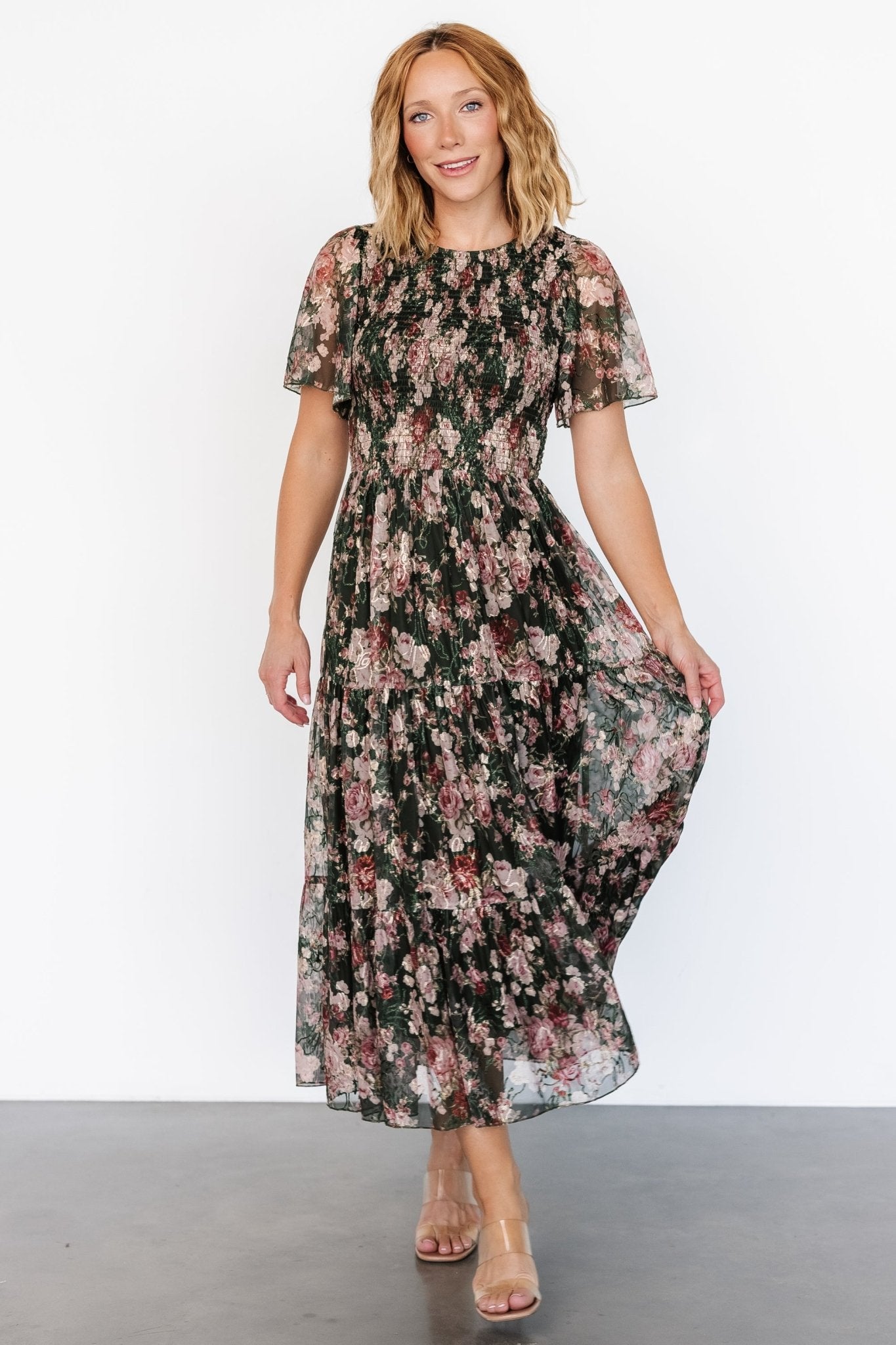 Mara Embroidered Tulle Dress | Dark Green + Blush Floral With Mastercard Cheap Pice