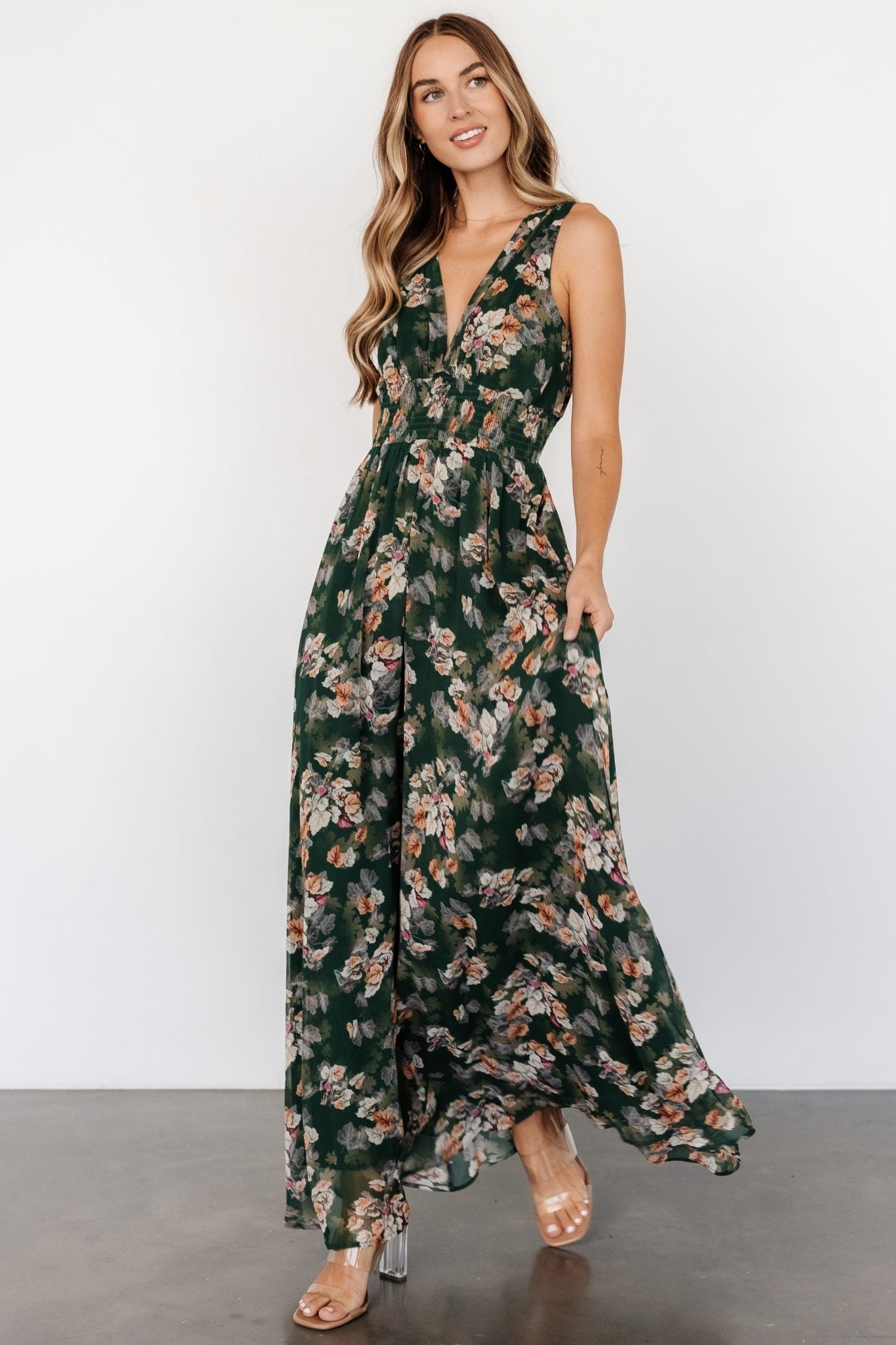 Imogen Maxi Dress | Deep Green Multi Ost Release Dates