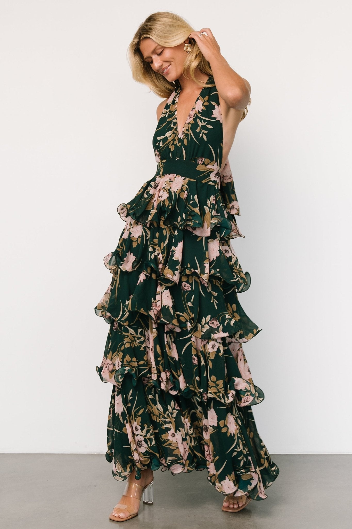 Jesslyn Open Back Tiered Maxi Dress | Green + Pink Eastbay Cheap Online