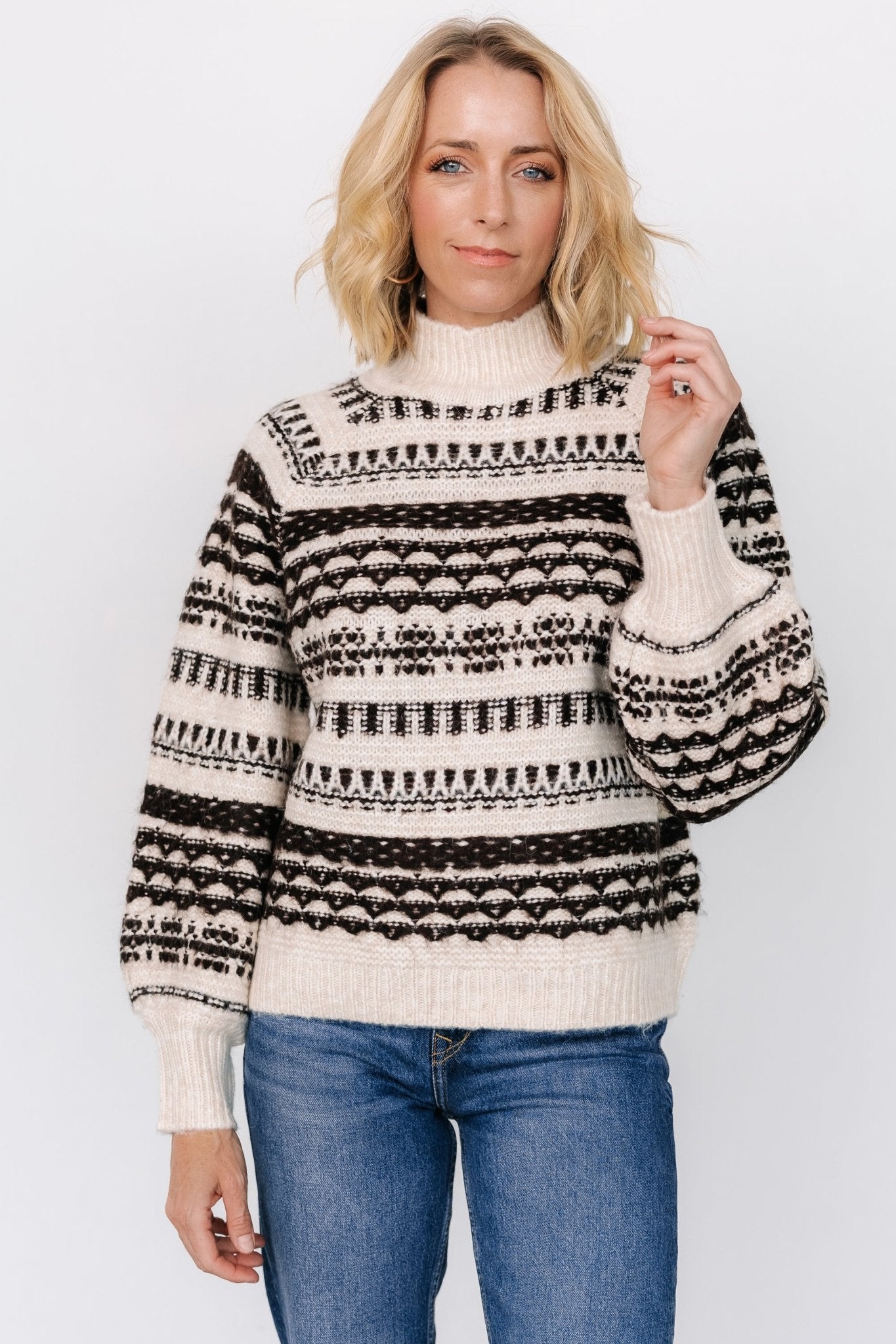 Guadalupe Mock Neck Sweater | Ivory + Chocolate Outlet Shop