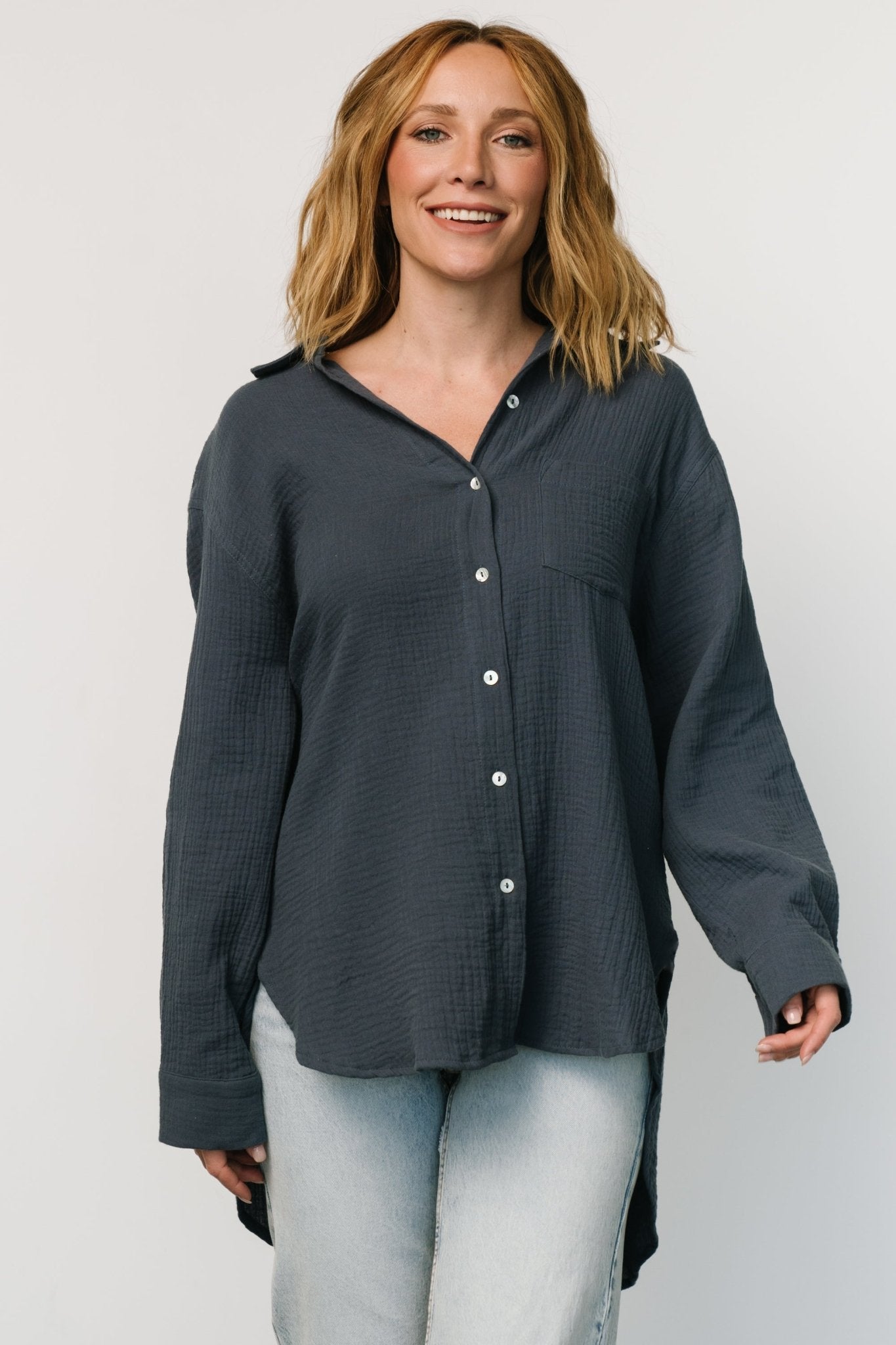 Hilde Oversized Button Top | Blue Online Online Cheap Pice