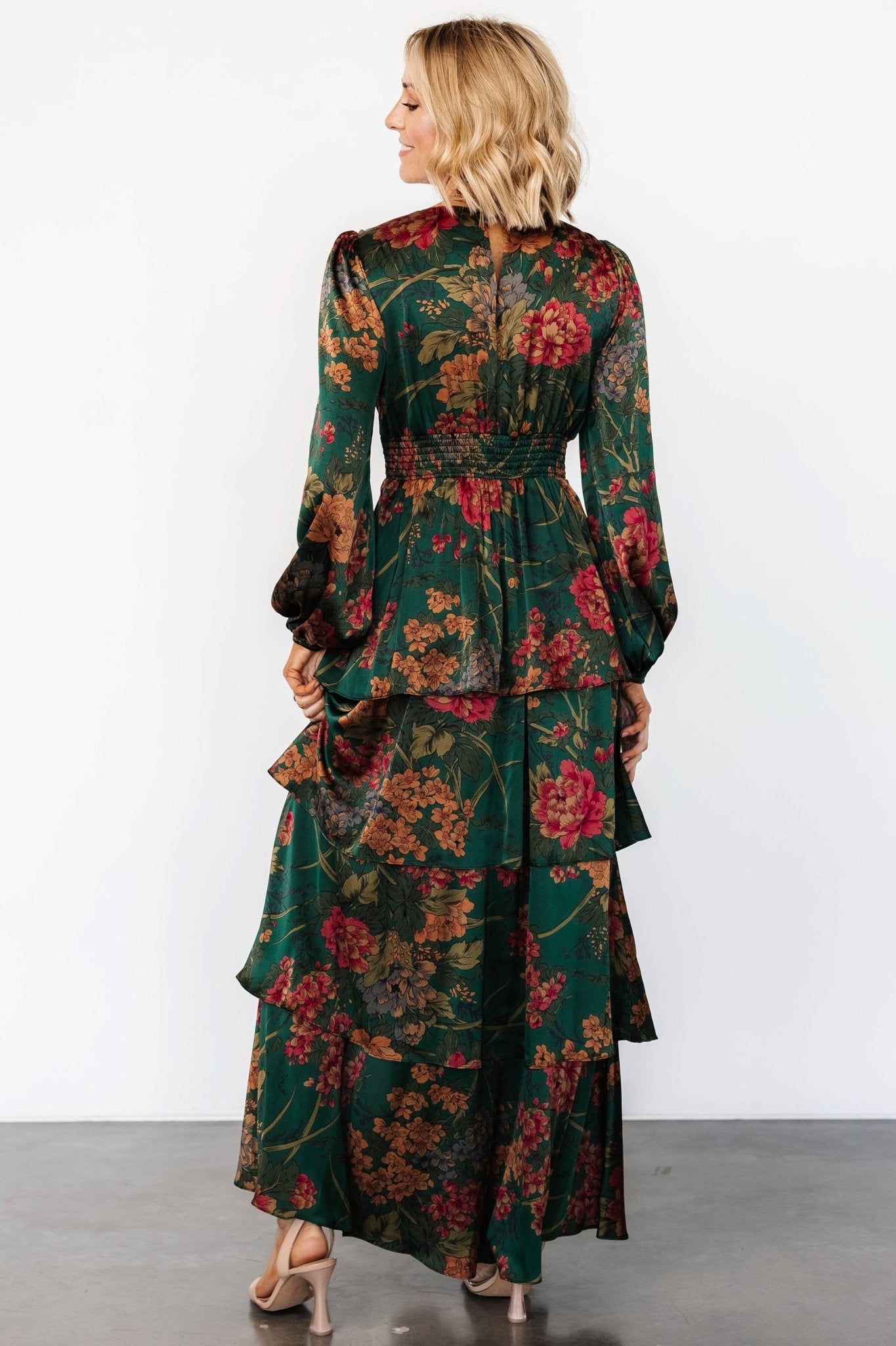 Montrouge Tiered Satin Dress | Emerald Floral Cheap Sale Purchase