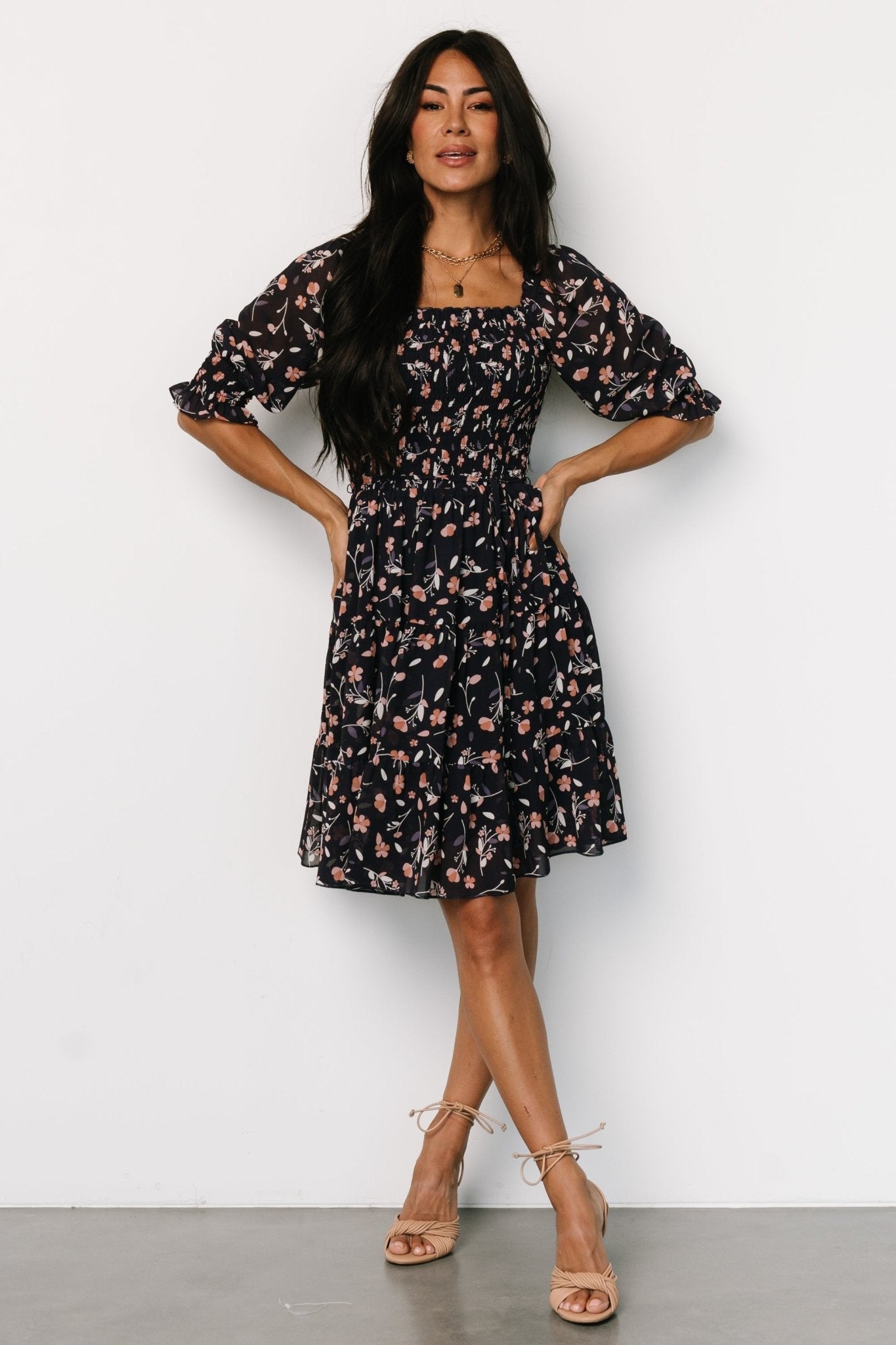 Azlyn Smocked Short Dress | Navy + Pink Floral Get To Buy Sale Online