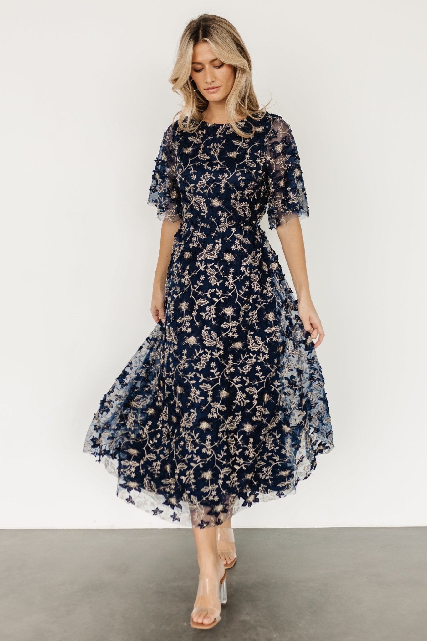 Arabella Embroidered Tulle Maxi Dress | Navy + Gold Free Shipping Browse