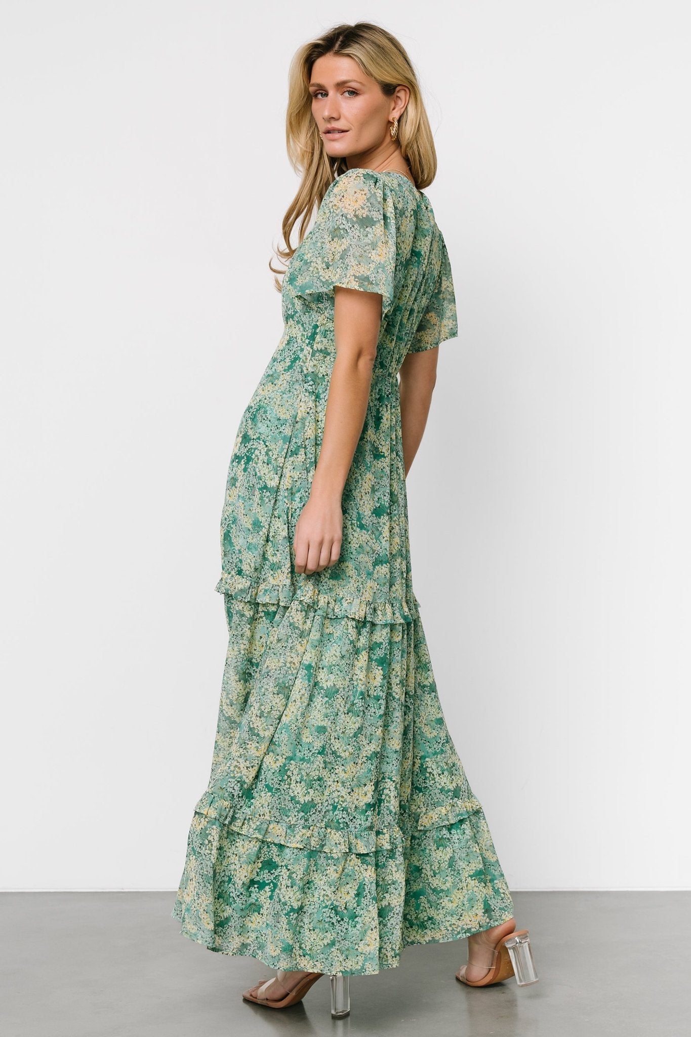 Audrey Deep V Maxi Dress | Green Floral Outlet Buy