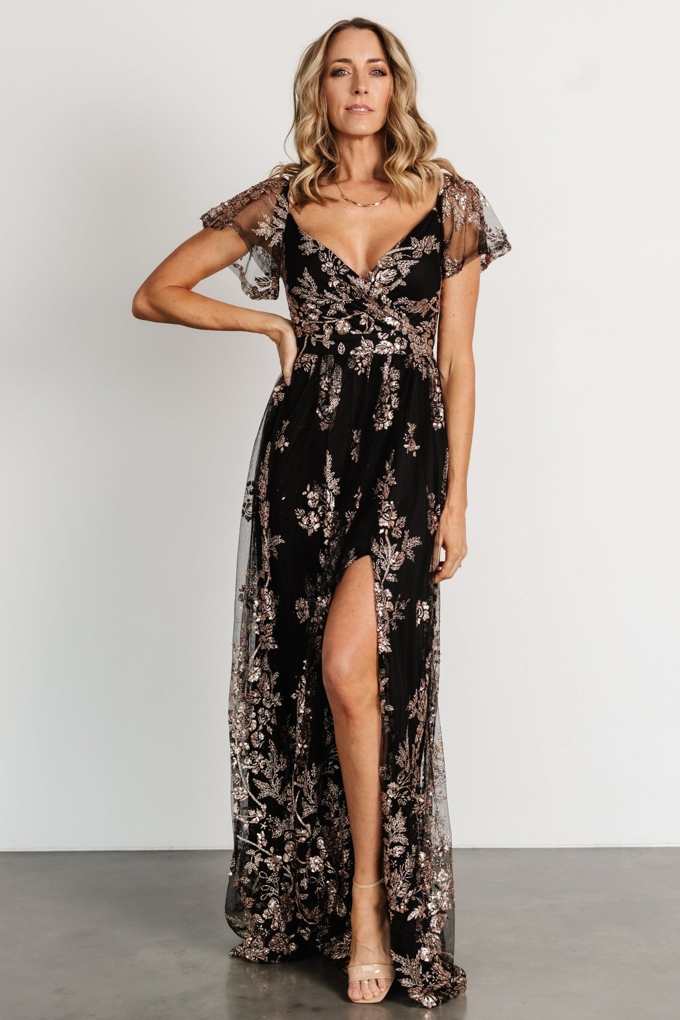 Corinne Shimmer Maxi Gown | Black + Rose Gold Huge Surprise