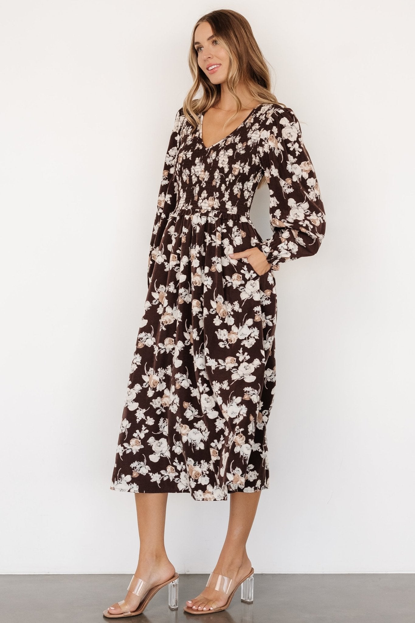 Matilda Smocked Midi Dress | Brown Floral Latest Collections Cheap Pice