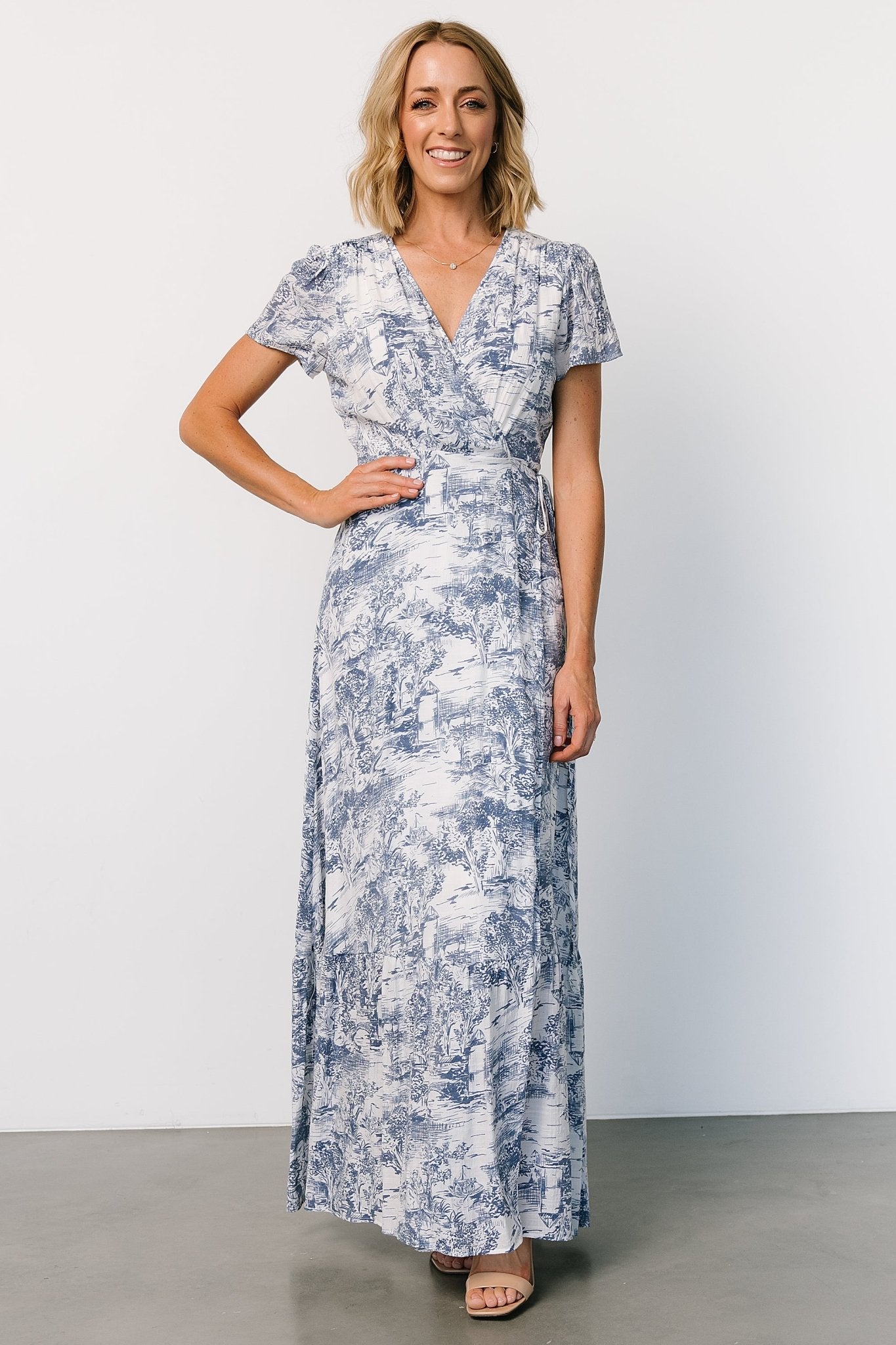 Dulce Wrap Maxi Dress | White + Blue Print Outlet Affordable