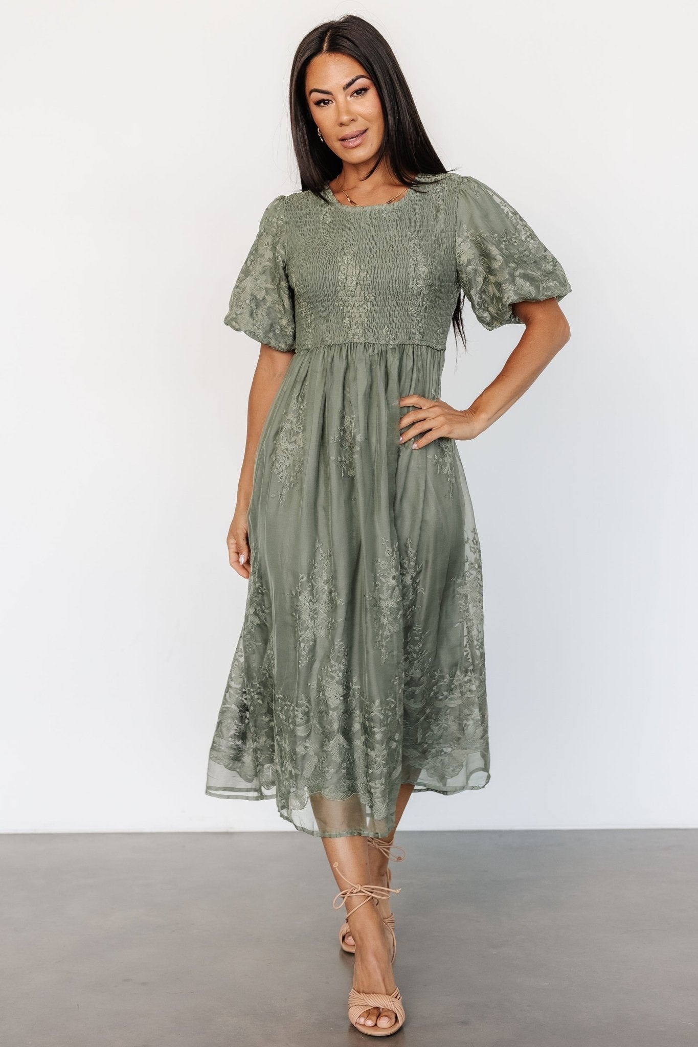 Corrine Embroidered Midi Dress | Deep Sage Outlet Deals