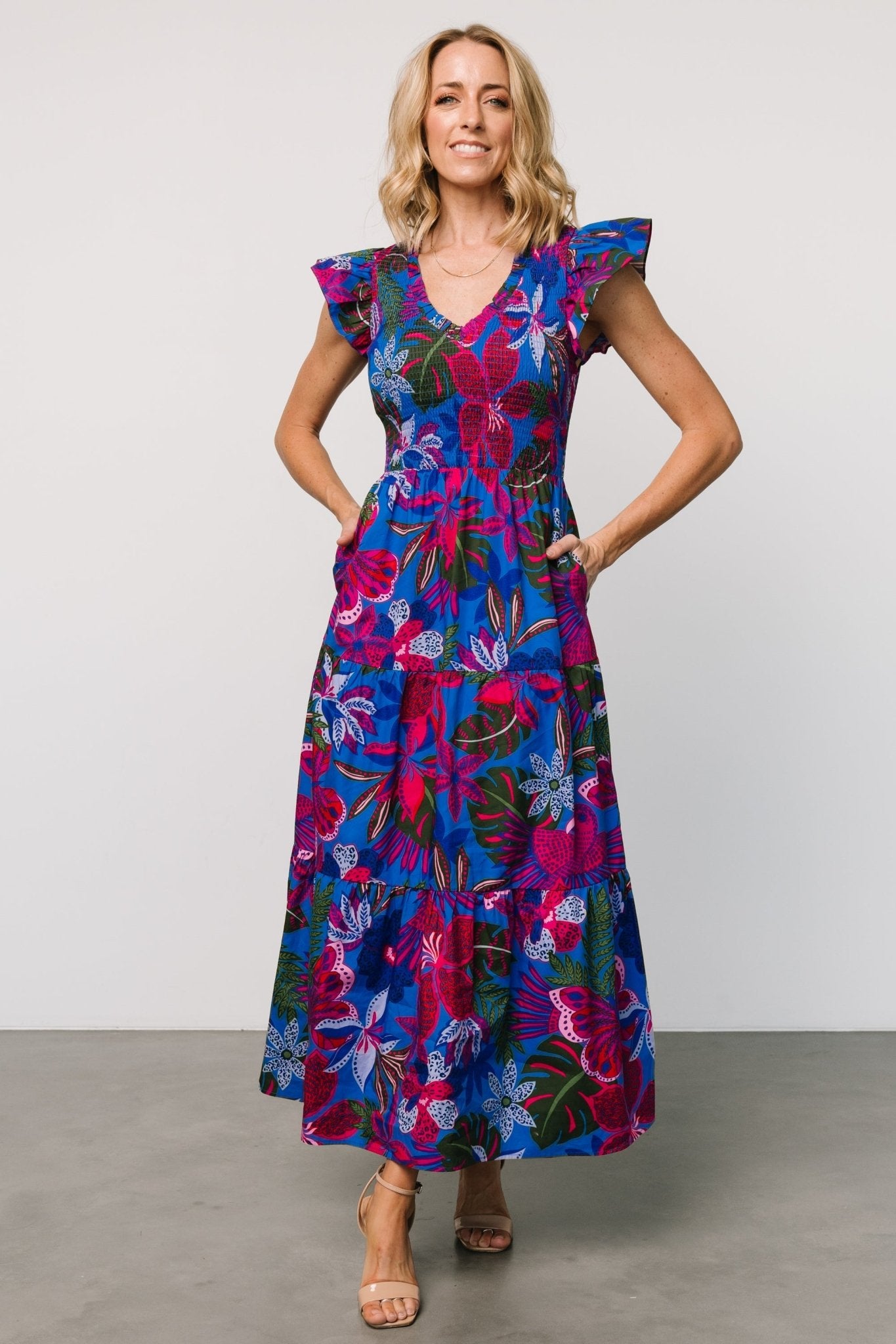 Ranchero Smocked Maxi Dress | Cobalt + Fuchsia Print Cheapest Pice Cheap Online