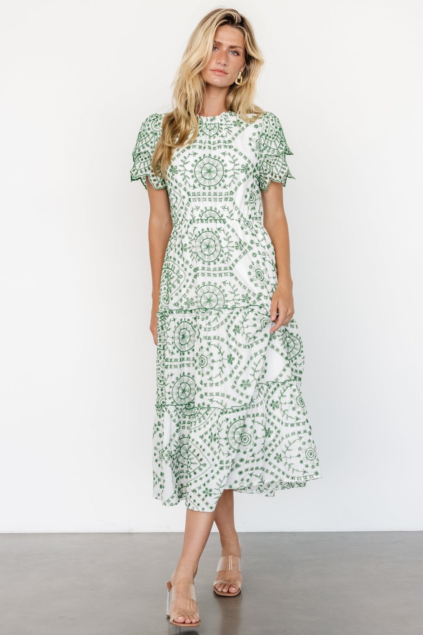 Mirabel Eyelet Midi Dress | White + Green Purchase Cheap Pice