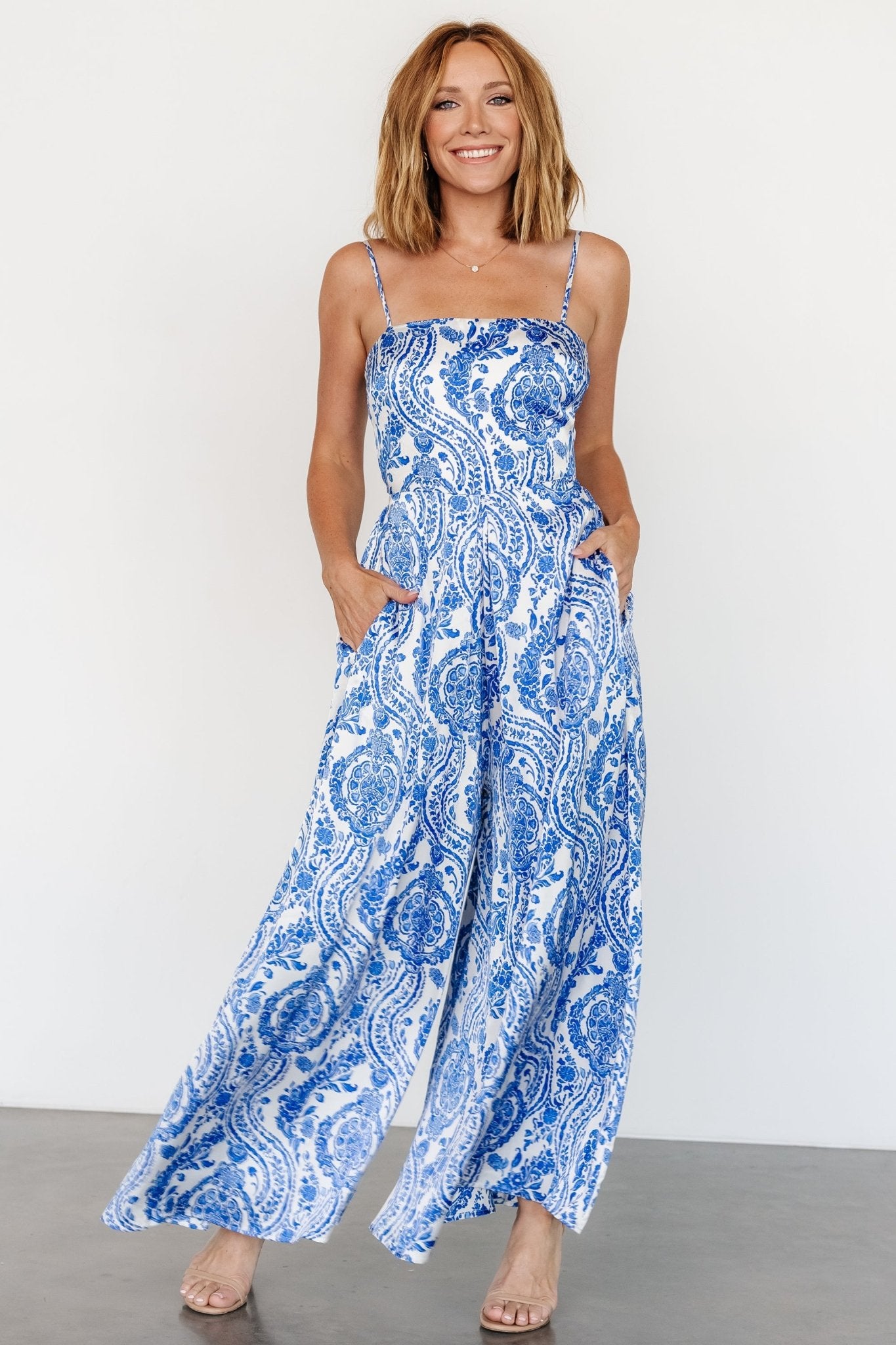 Evia Jumpsuit | Blue + White Print Cheap Manchester Great Sale