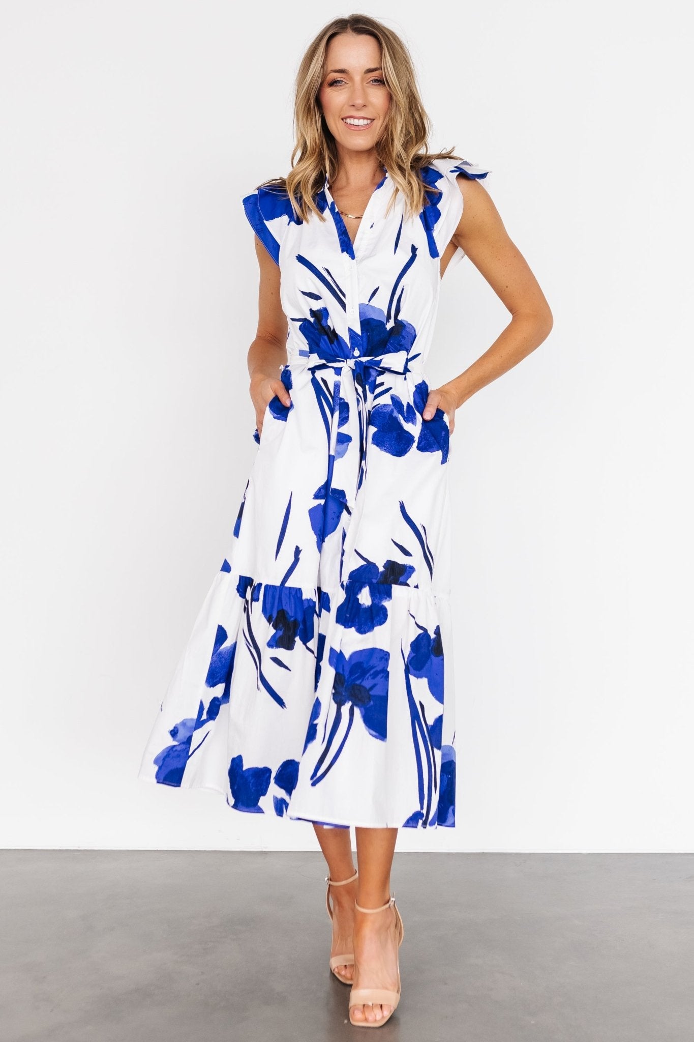 Blakely Button Dress | White + Cobalt Best Wholesale For Sale