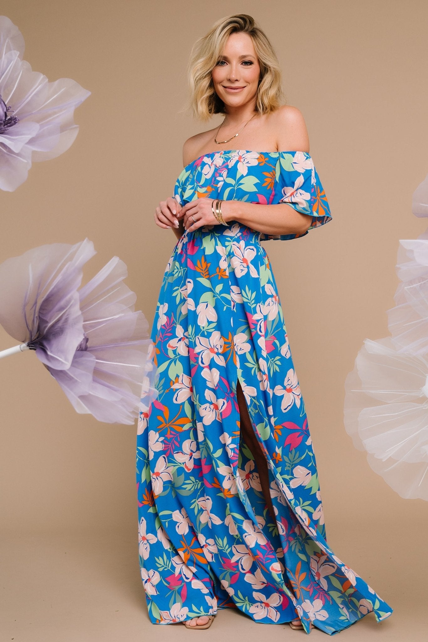 Talia Off Shoulder Maxi Dress | Blue Floral Clearance Newest