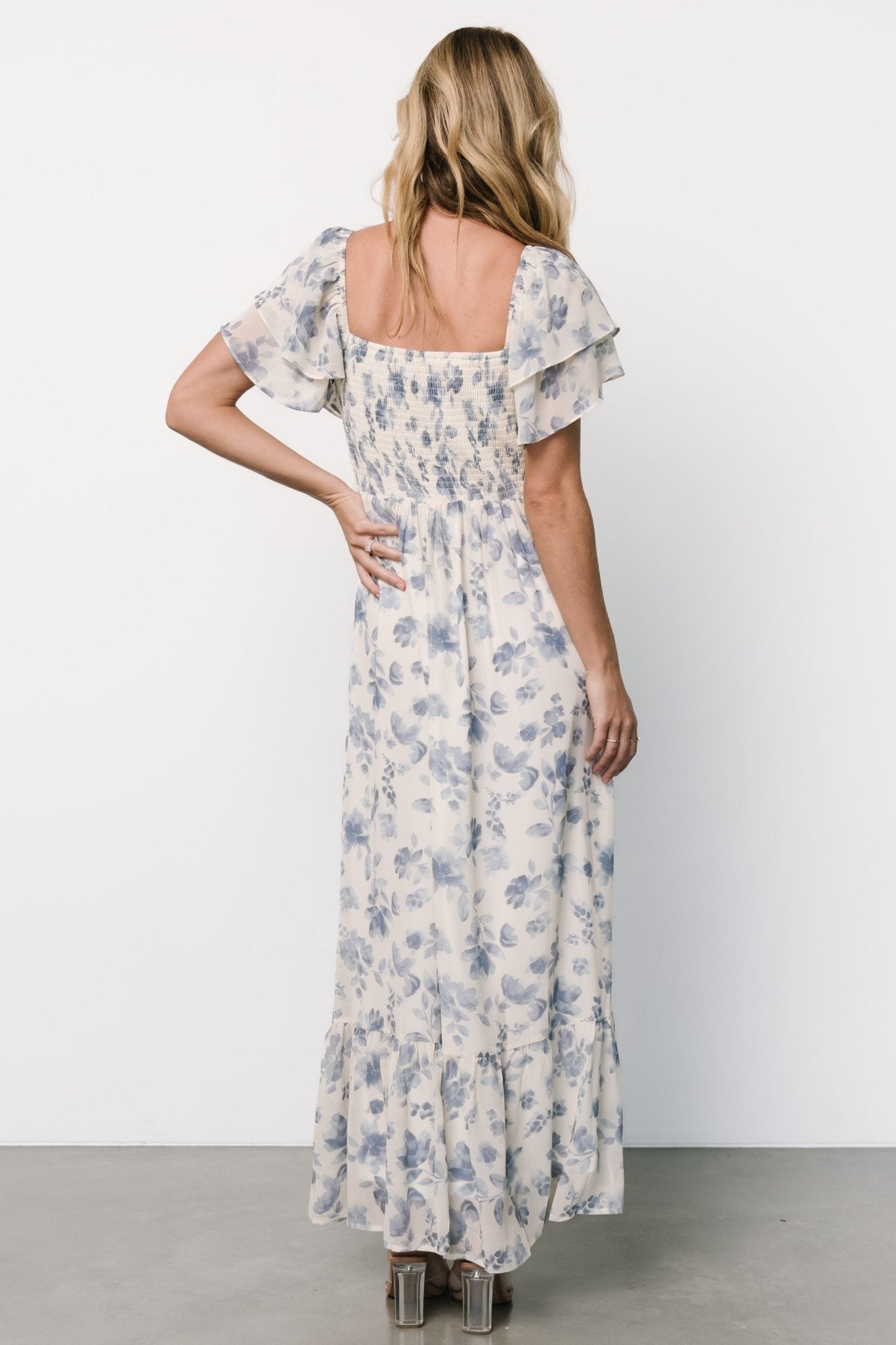 Juliana Pleated Top Dress | Ivory + Blue Floral Looking For For Sale