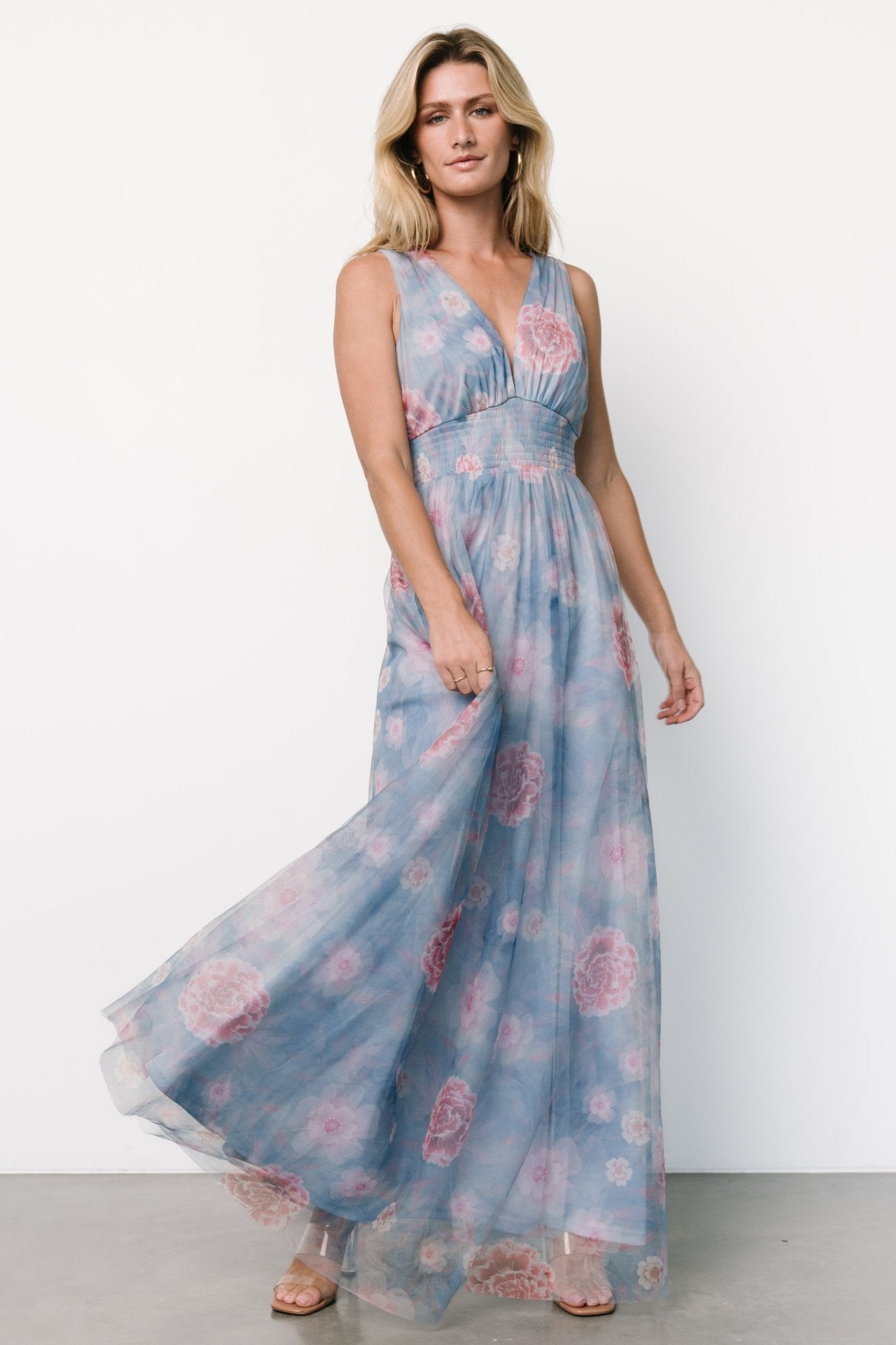 Kamila Tulle Maxi Dress | Light Blue + Pink Floral Buy Cheap Best Wholesale