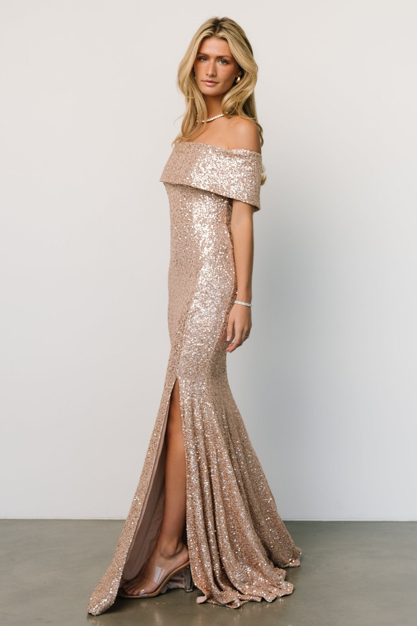 Yvonne Off Shoulder Sequin Gown | Champagne Choice