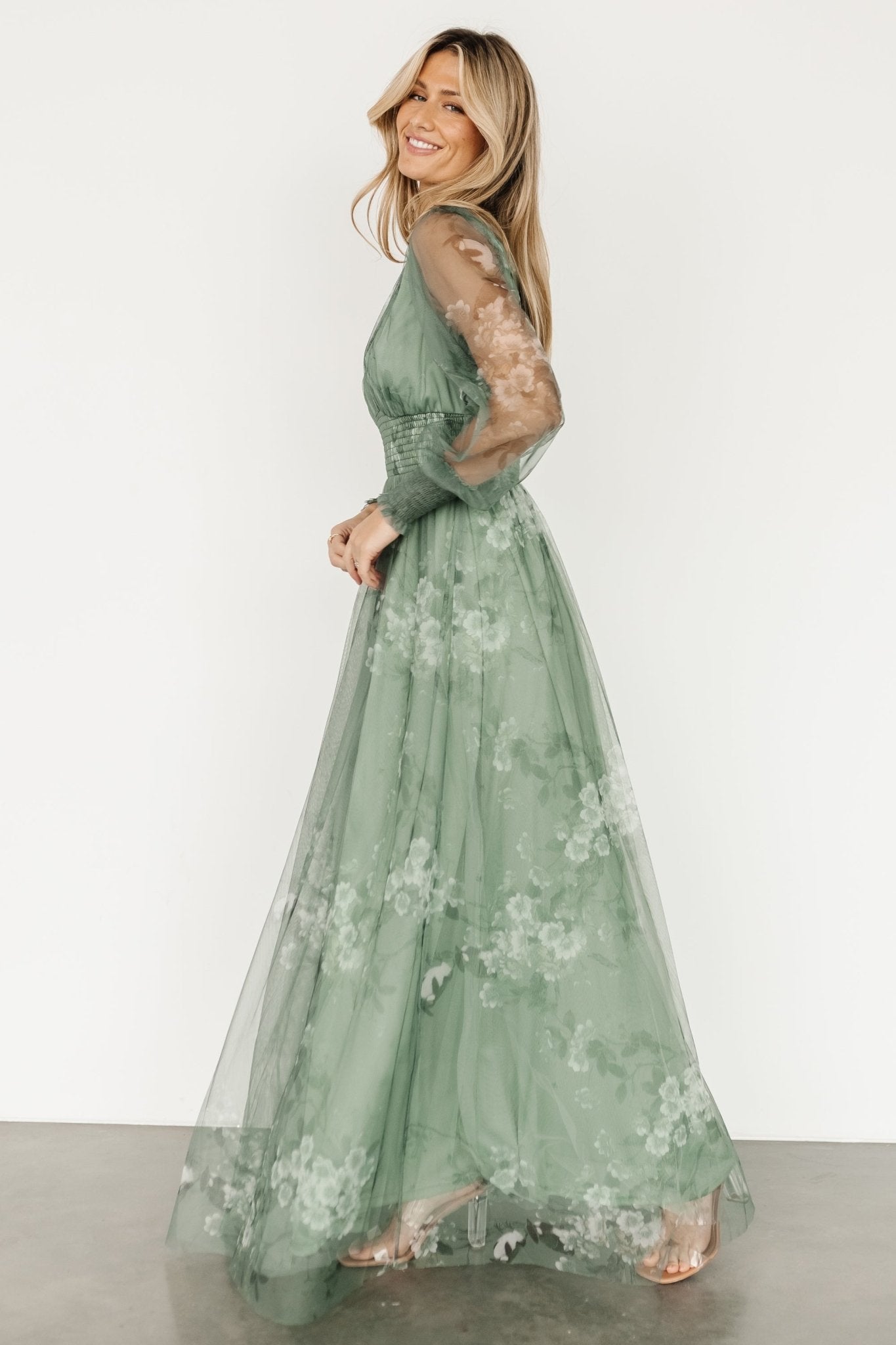 Layla Tulle Maxi Dress | Dusty Green Floral Sale New