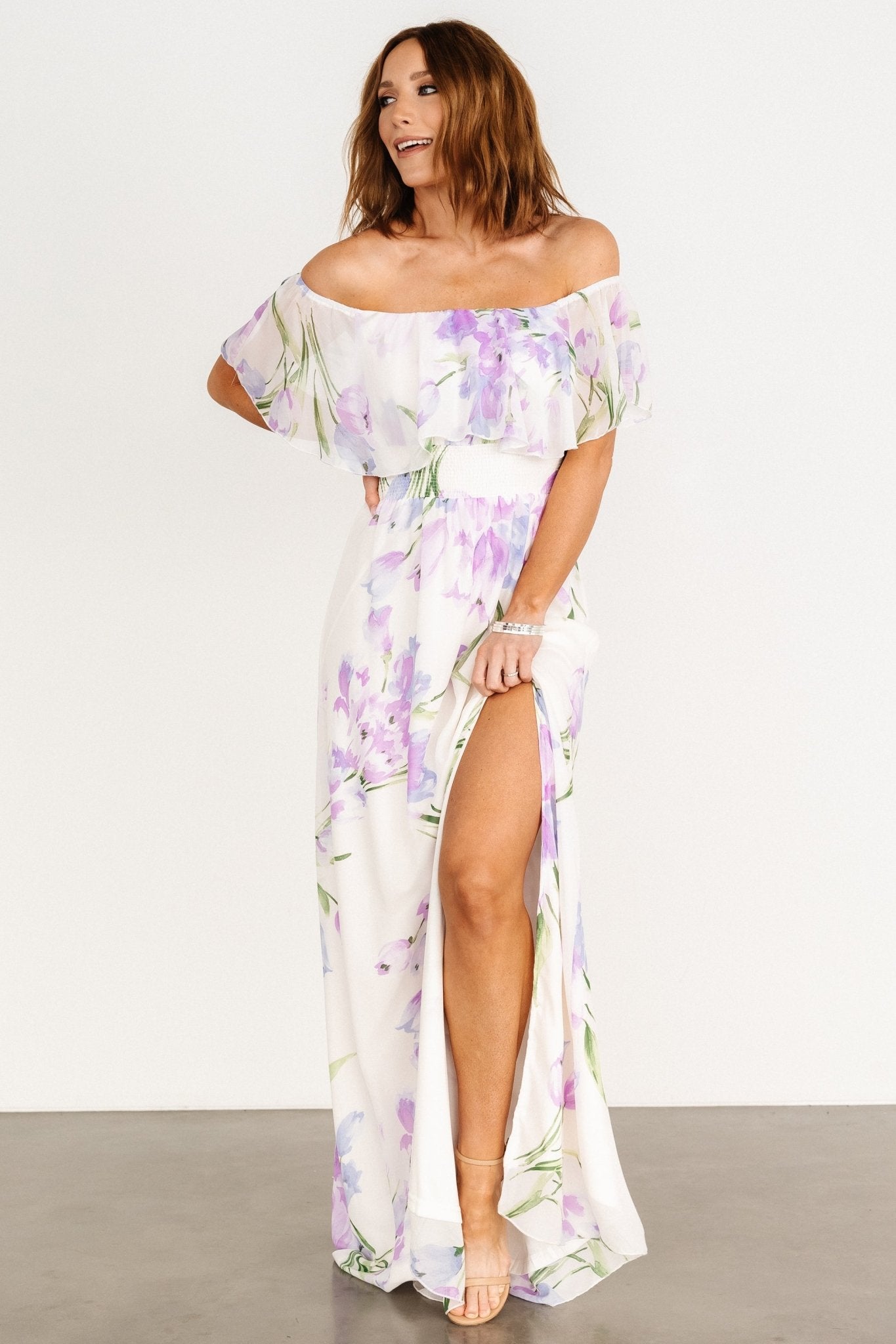 Daphne Off Shoulder Maxi Dress | Ivory + Lavender Floral Cheap Sale Excellent