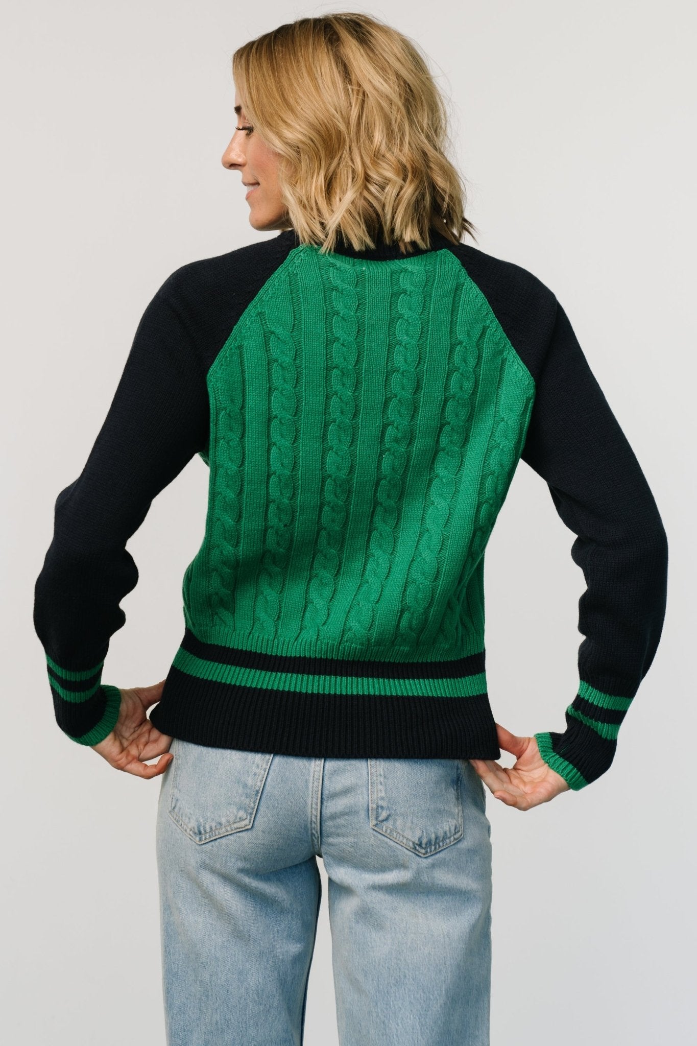 Marsha Cable Knit Sweater | Green + Navy Free Shipping Genuine