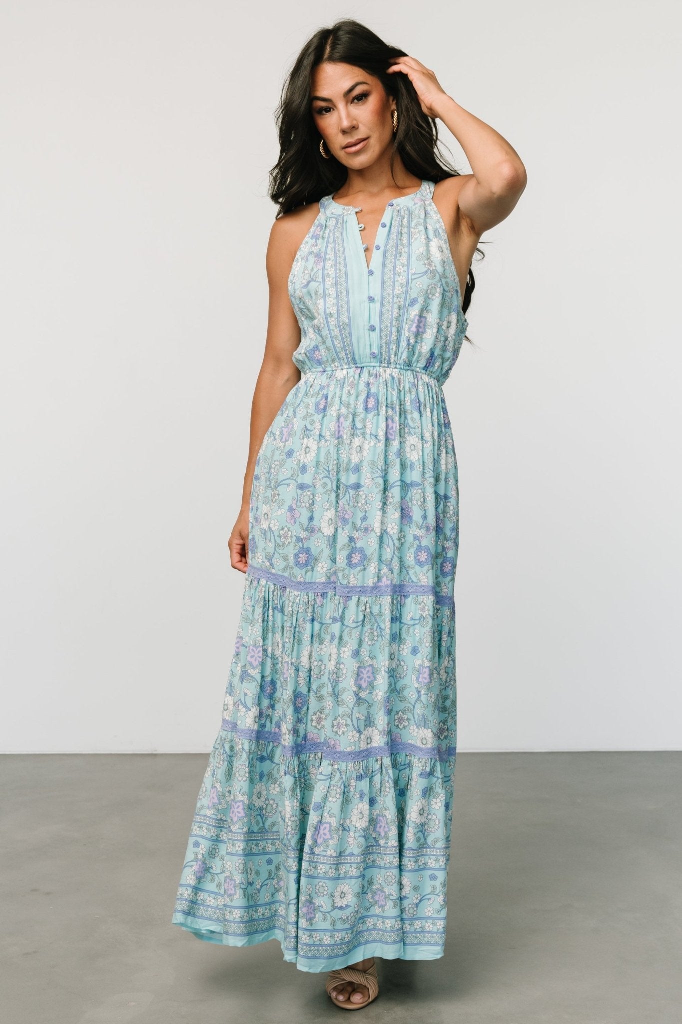 Meline Button Front Maxi Dress | Light Blue Multi Buy Cheap Outlet Locations