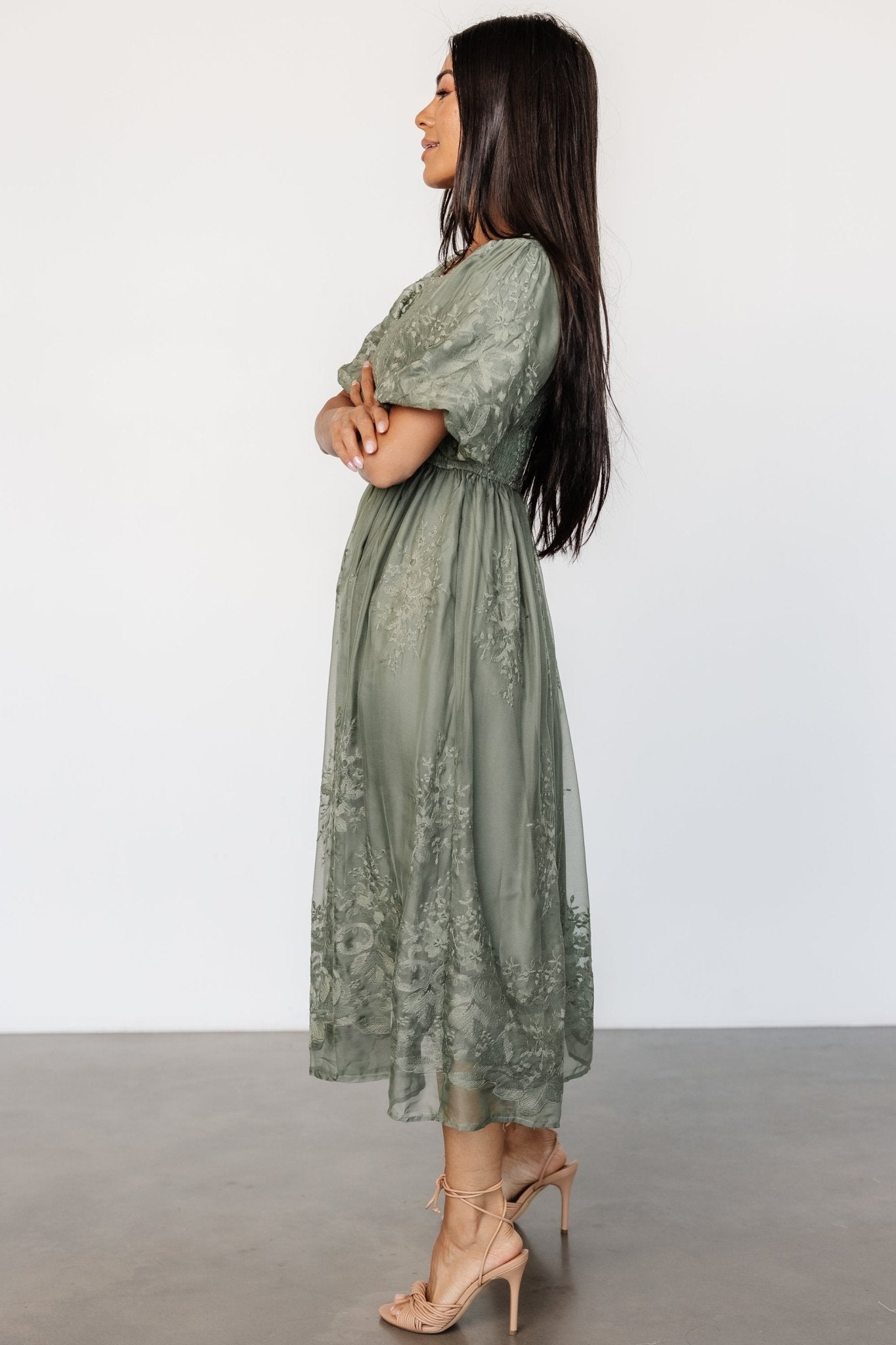 Corrine Embroidered Midi Dress | Deep Sage Outlet Deals