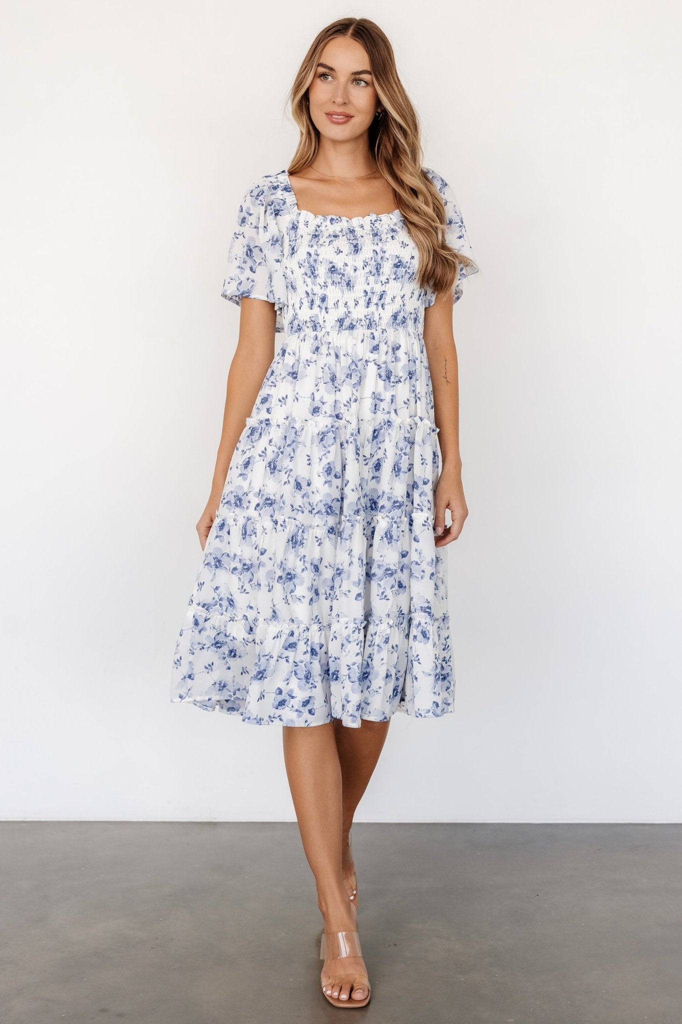 Lilla Tiered Midi Dress | Off-White + Blue Floral Cheapest Cheap Online