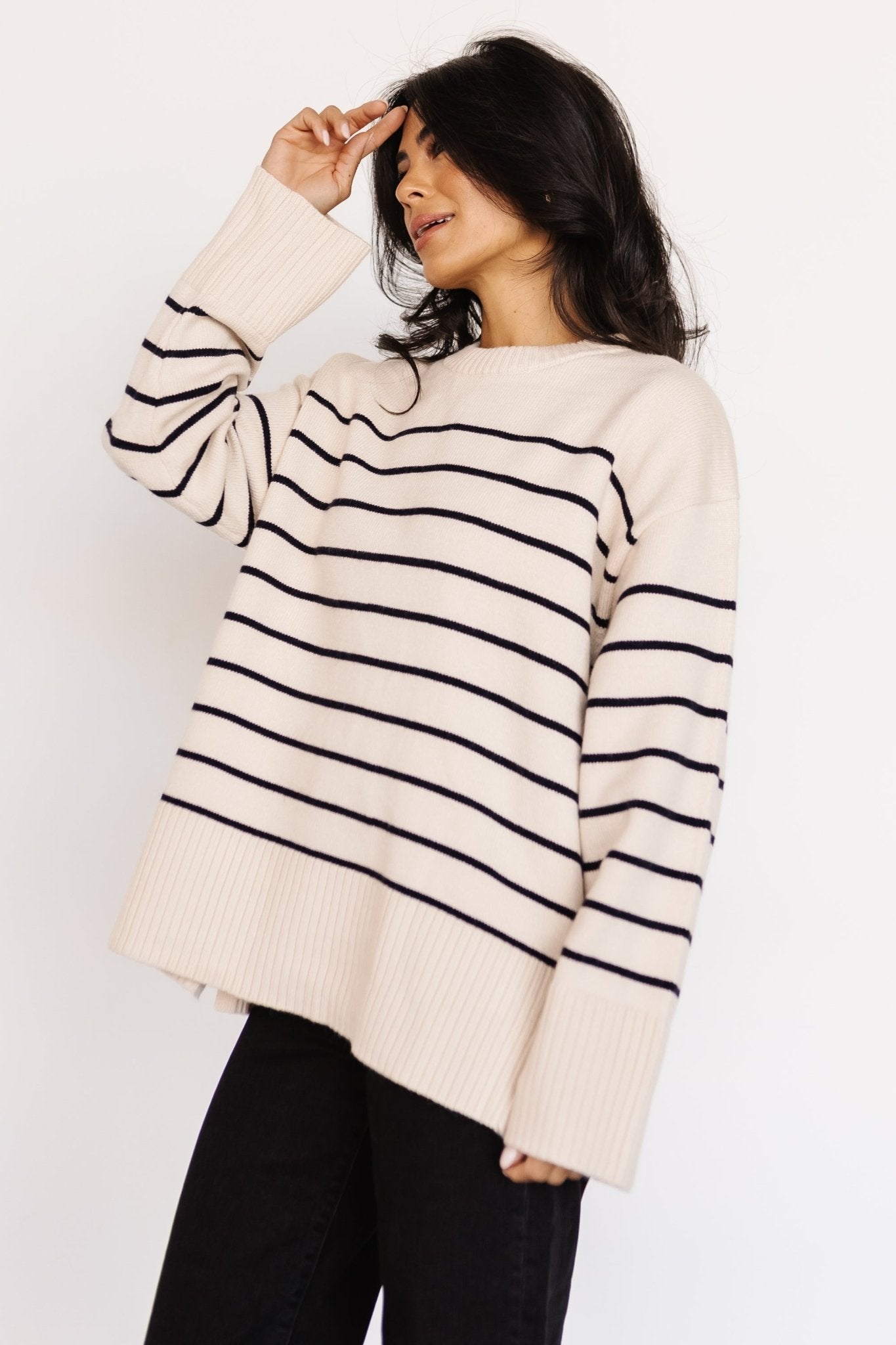 Emerson Stripe Knit Sweater | Ivory + Black Free Shipping 2025