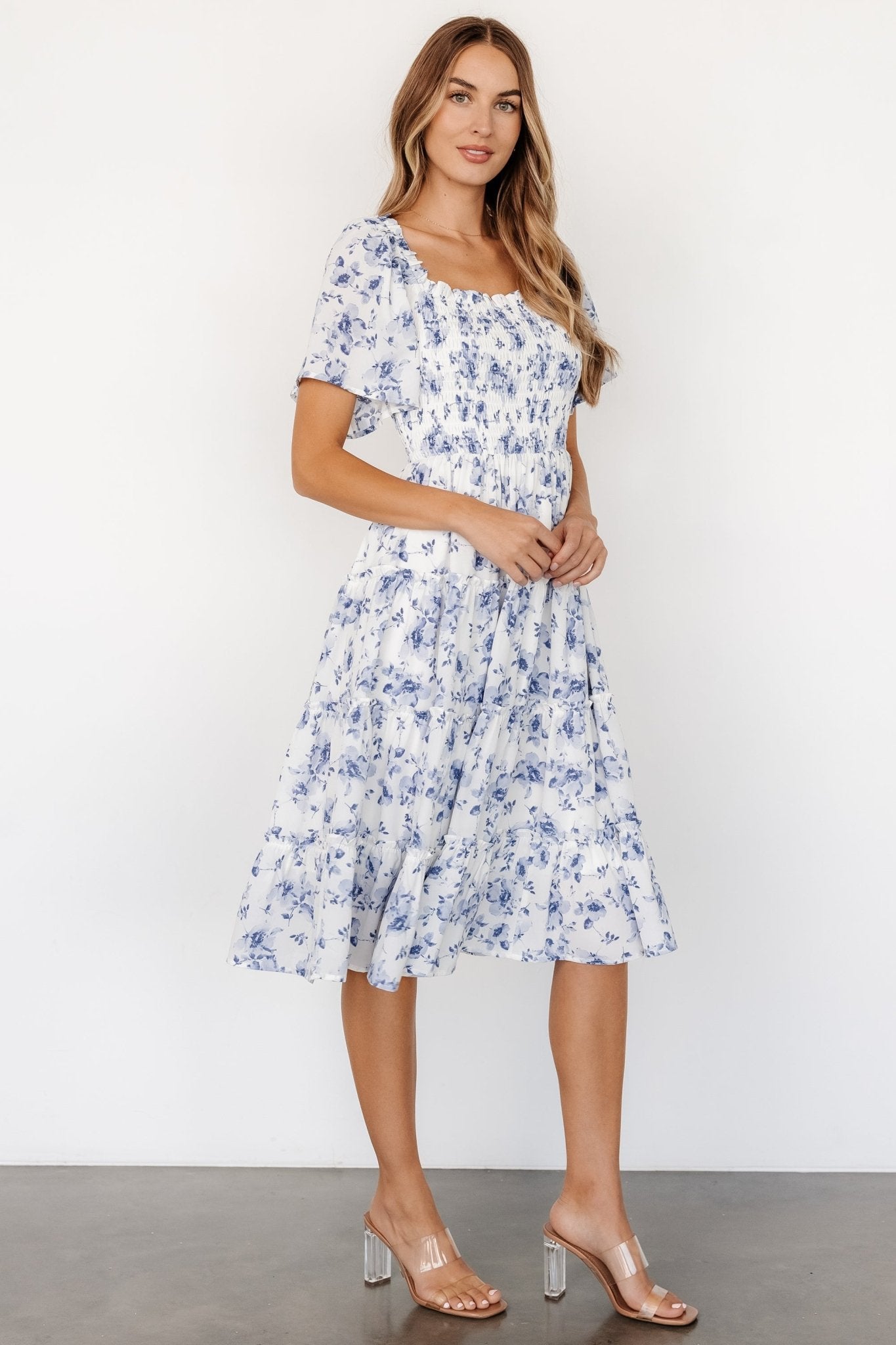 Lilla Tiered Midi Dress | Off-White + Blue Floral Cheapest Cheap Online