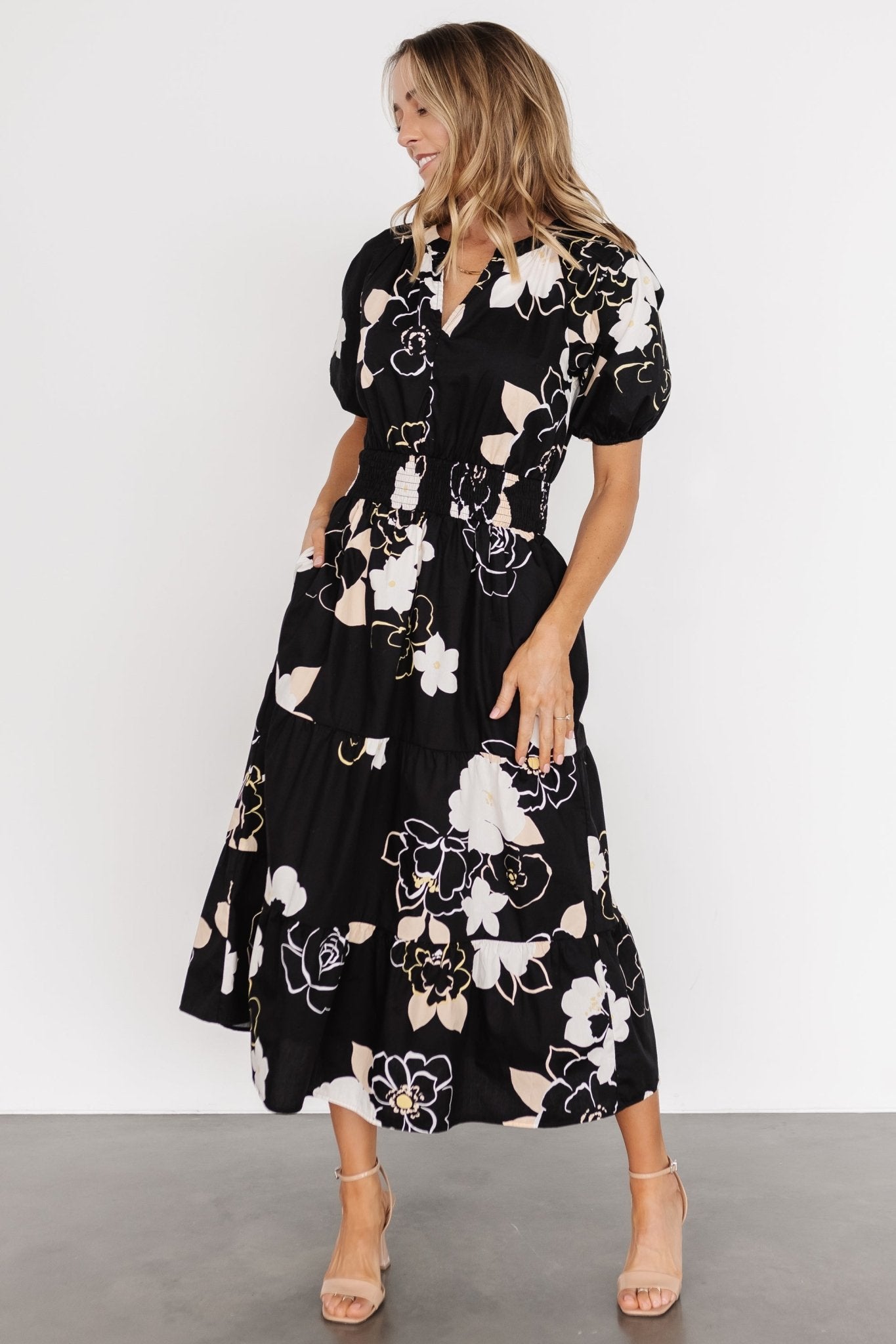 Hacienda Tiered Midi Dress | Black Multi Pictures For Sale