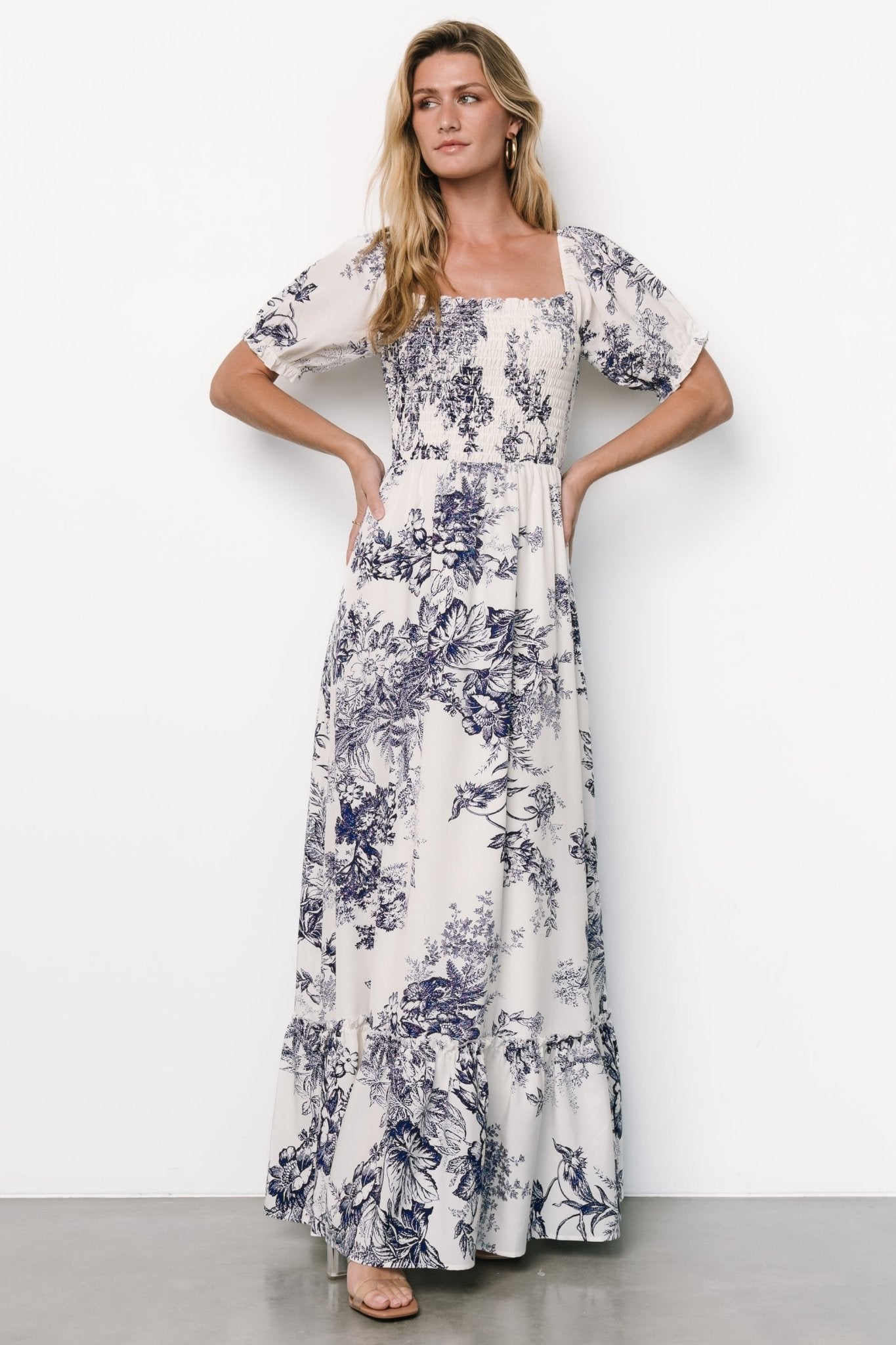 Capri Smocked Maxi Dress | Ivory + Blue Floral Buy Cheap 2025 Unisex