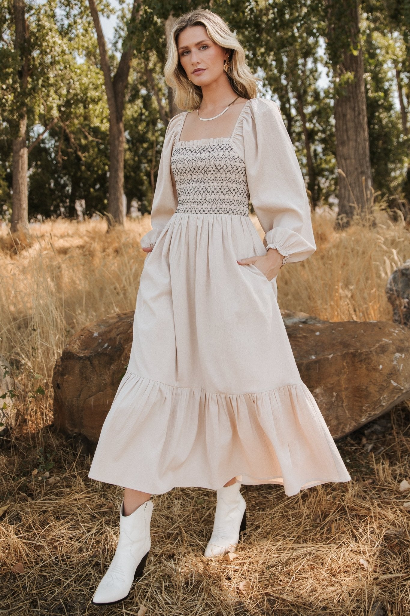 Emmeline Smocked Midi Dress | Natural Free Shipping 2025 Unisex