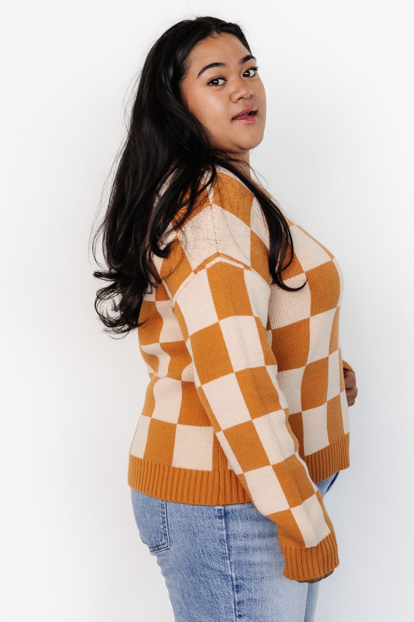 Quincy Checkered Sweater | Pumpkin Spice Get To Buy For Sale